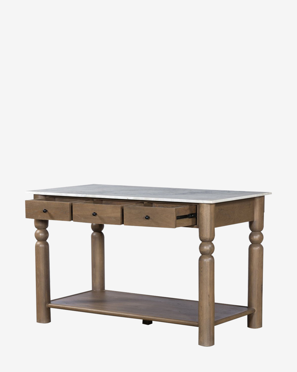 The Eldric Kitchen Island combines a marble tabletop, three knob-front drawers, rounded legs, and a lower open shelf. Its classic style and solid oak base bring timeless elegance and practical function to your kitchen, by McGee & Co.
