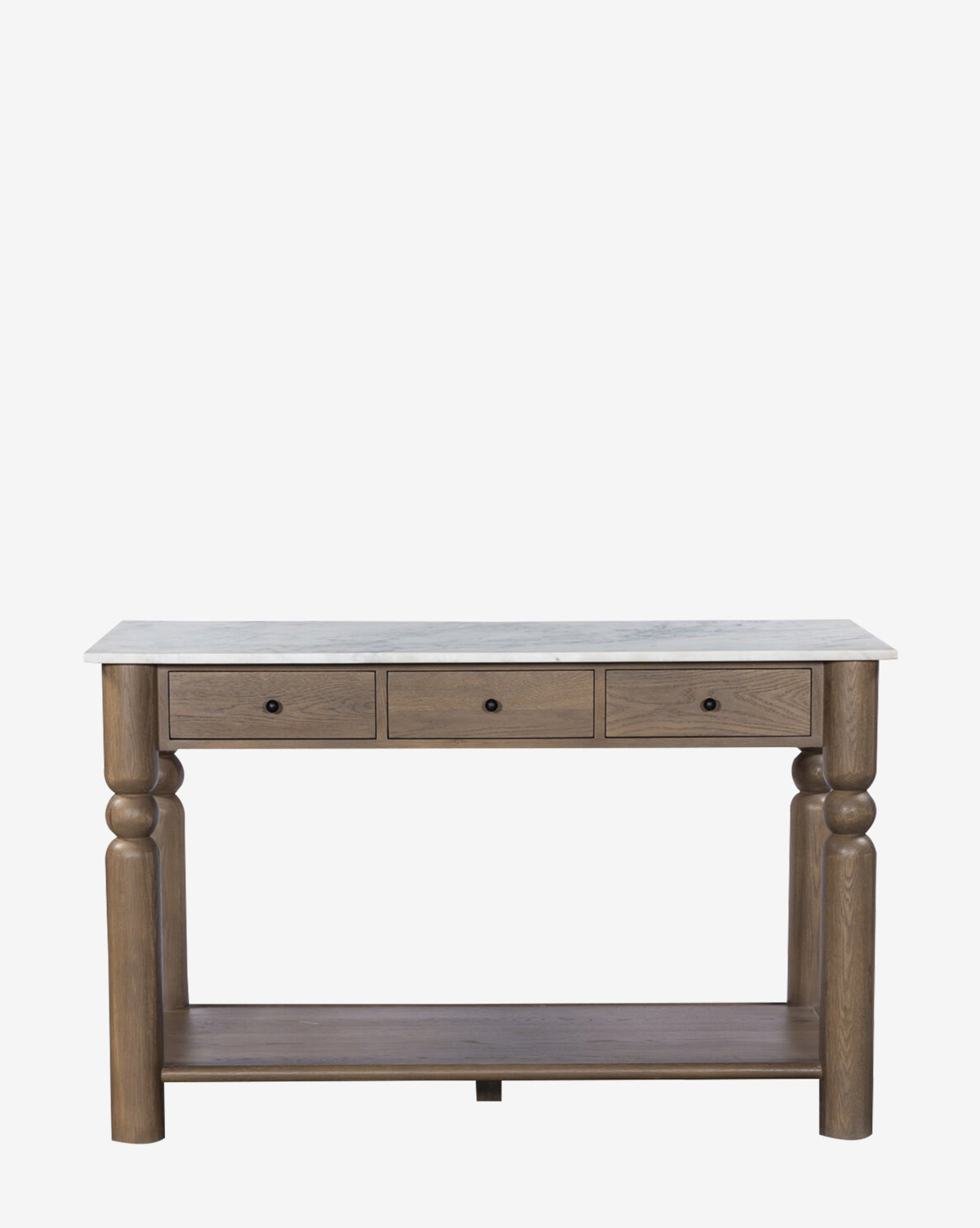 The Eldric Kitchen Island, featuring a solid oak frame, white marble top, three small drawers with round knobs, turned legs, and a lower shelf, is shown against a plain white background, by McGee & Co.