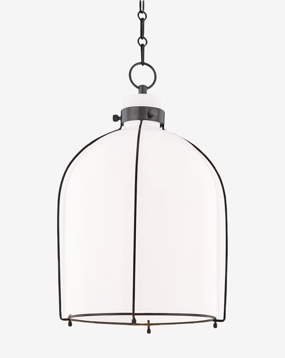 The Eldridge Pendant is a modern lighting fixture with a clear glass dome shade and slim black metal frame, hanging by a black chain, by McGee & Co.