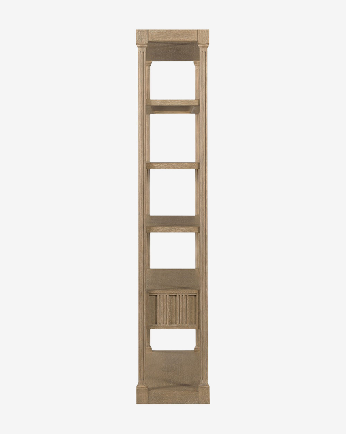 The Elena Bookcase, tall and narrow, is made from hardwood solids and oak veneer, featuring five open shelves and a decorative bottom panel, shown on a plain white background by McGee & Co.