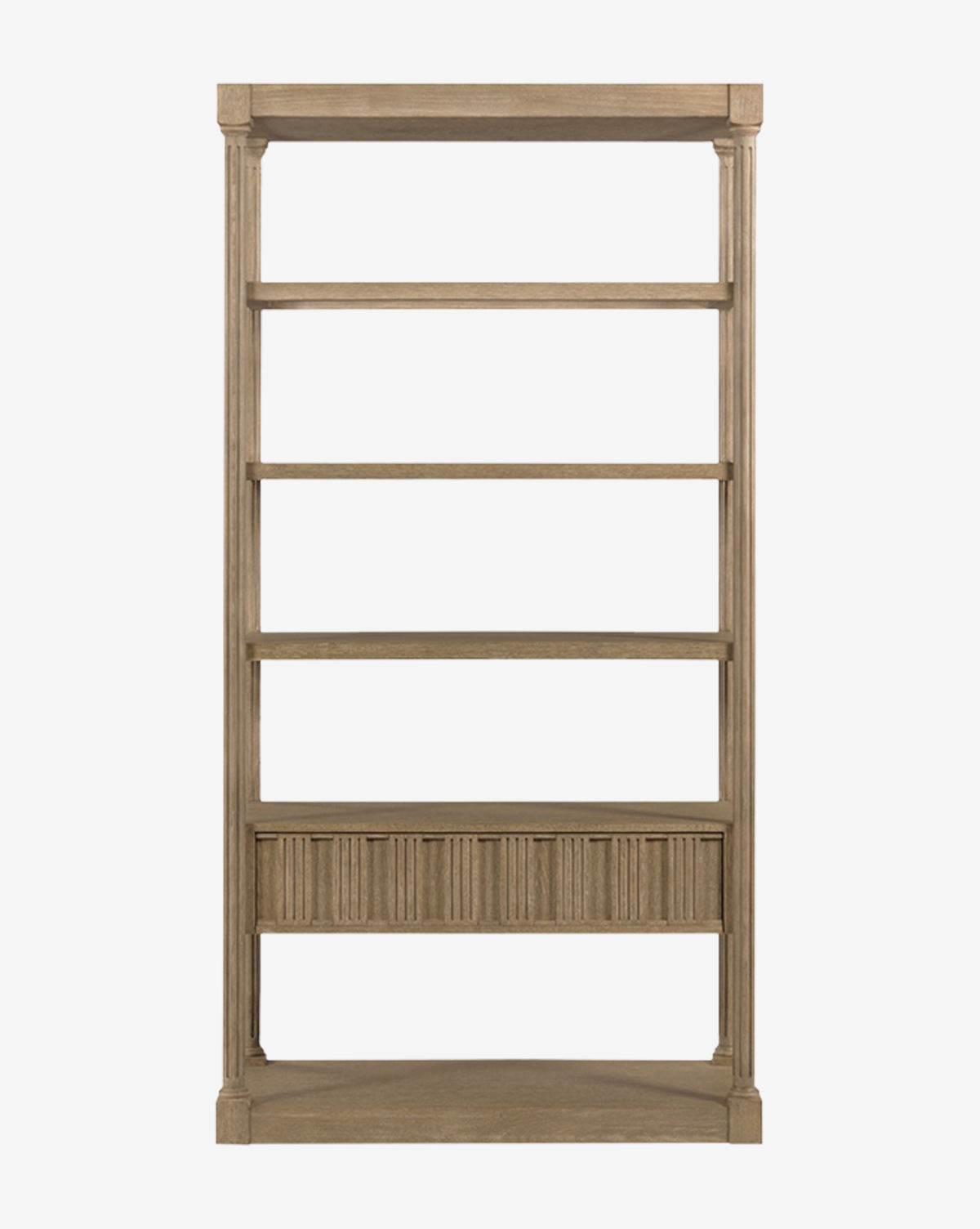 The Elena Bookcase offers four open shelves and a closed lower cabinet with vertical grooves, crafted from hardwood solids and oak veneer, set against a plain white background by McGee & Co.