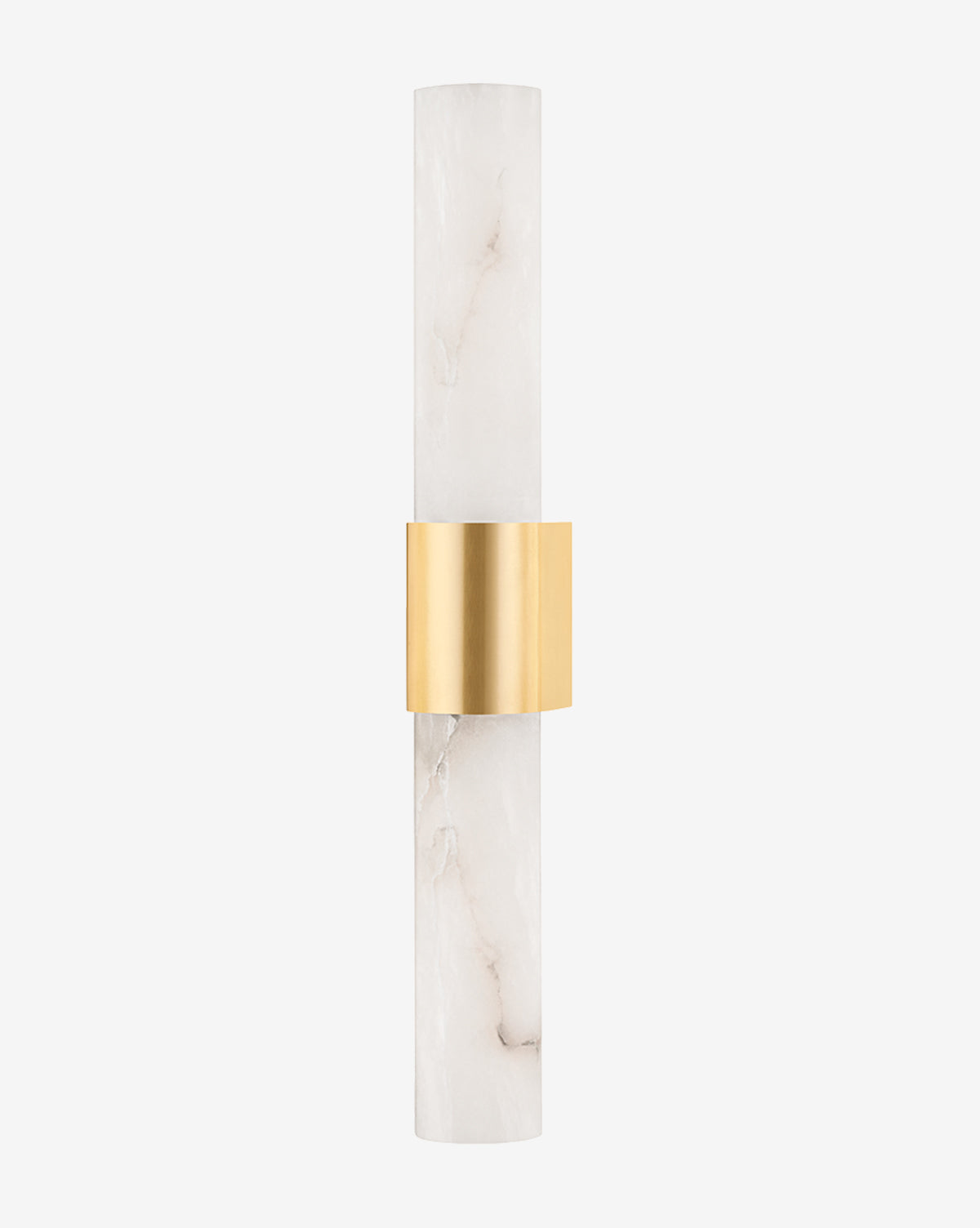 The Ellington Bath & Vanity Sconce by Hudson Valley Lighting features two vertically aligned cylindrical alabaster shades joined by a wide, brushed brass center fixture, set against a plain white background. McGee & Co.