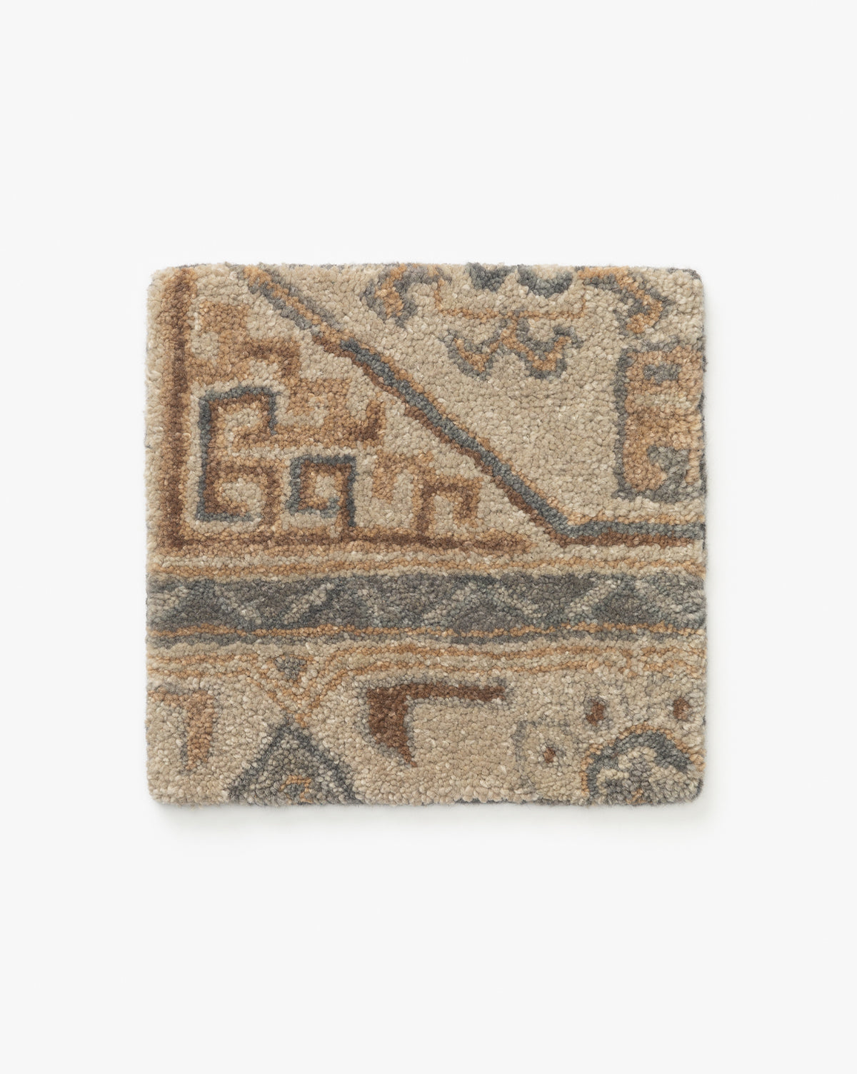 The Ellington Blue Hand-Tufted Wool Rug Swatch is a square sample featuring a stylish and durable geometric and abstract pattern, crafted in high-quality wool, by McGee & Co.