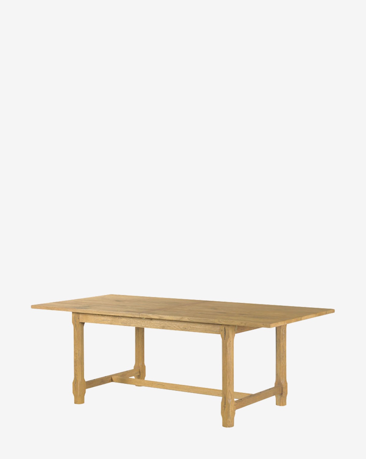 The Elliot Extension Dining Table is a rectangular wooden table in a natural finish, with four sturdy legs joined by support beams. Its simple, rustic design stands out against a plain white background, by McGee & Co.