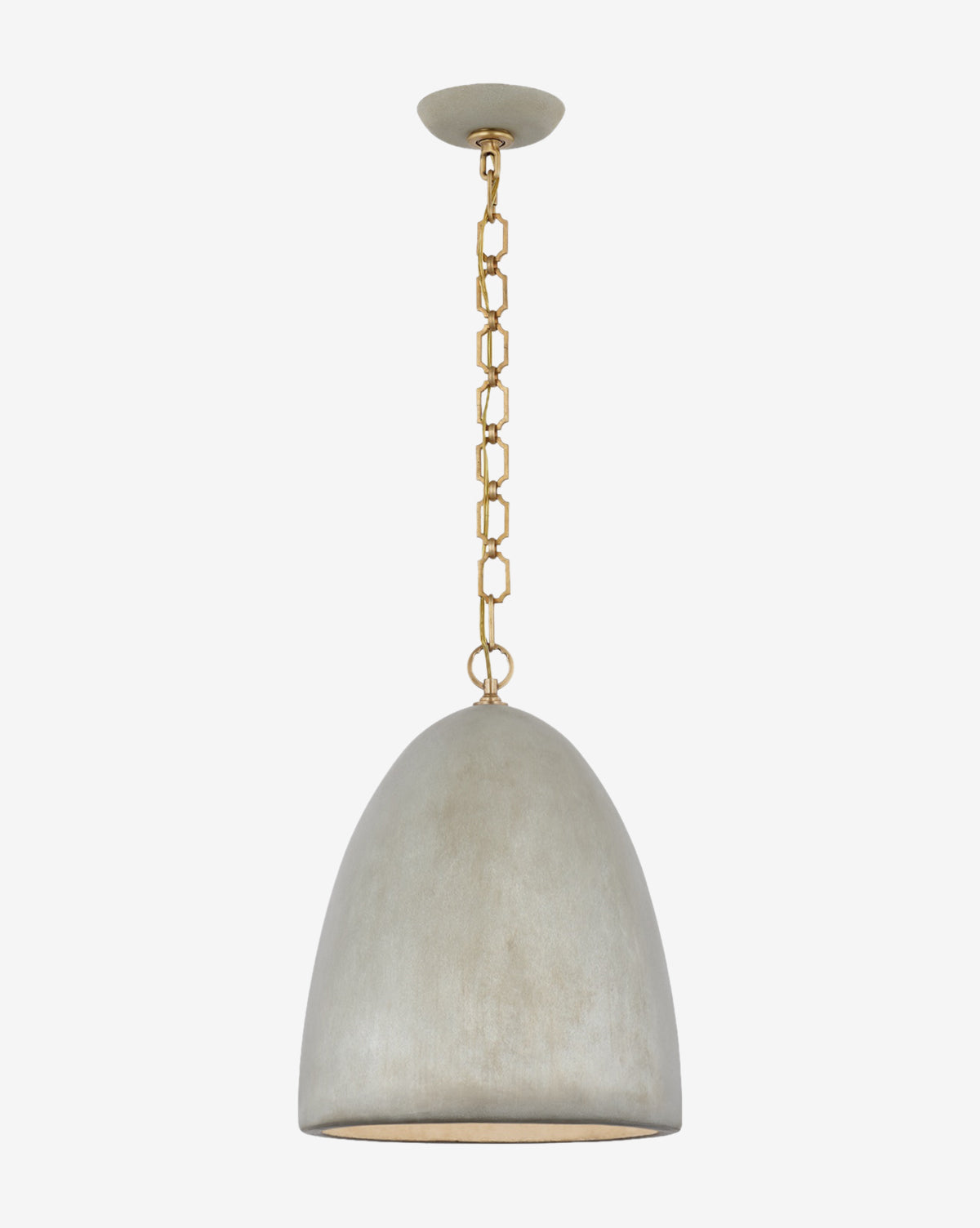The Elliot Pendant showcases a dome-shaped shade with a cement finish, suspended from a gold geometric-link chain and matching ceiling mount for a sculptural look, by McGee & Co.