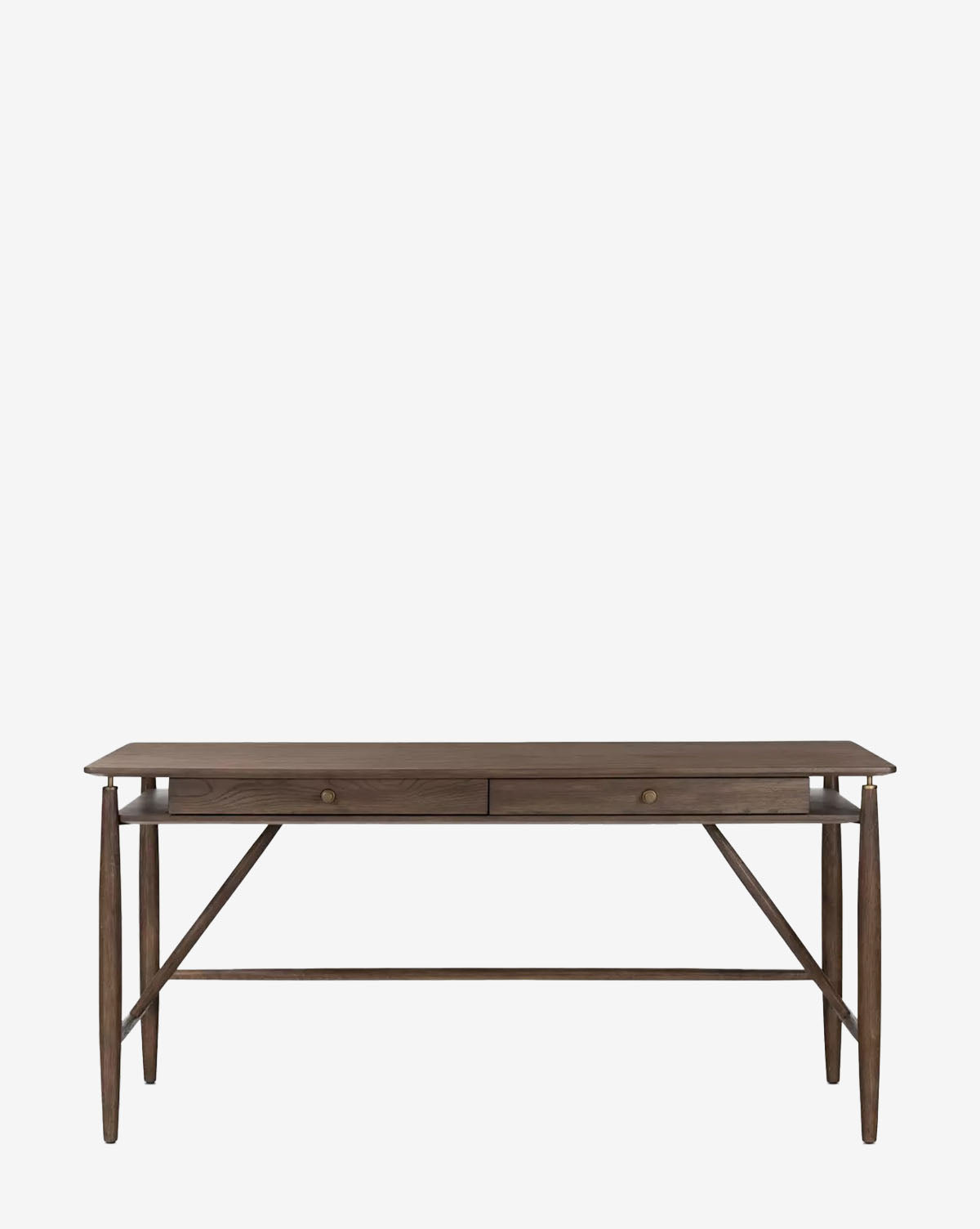 The Ellison Desk features two central drawers, tapered legs, and a dark brown finish in a mid-century modern style, displayed against a plain white background, by McGee & Co.