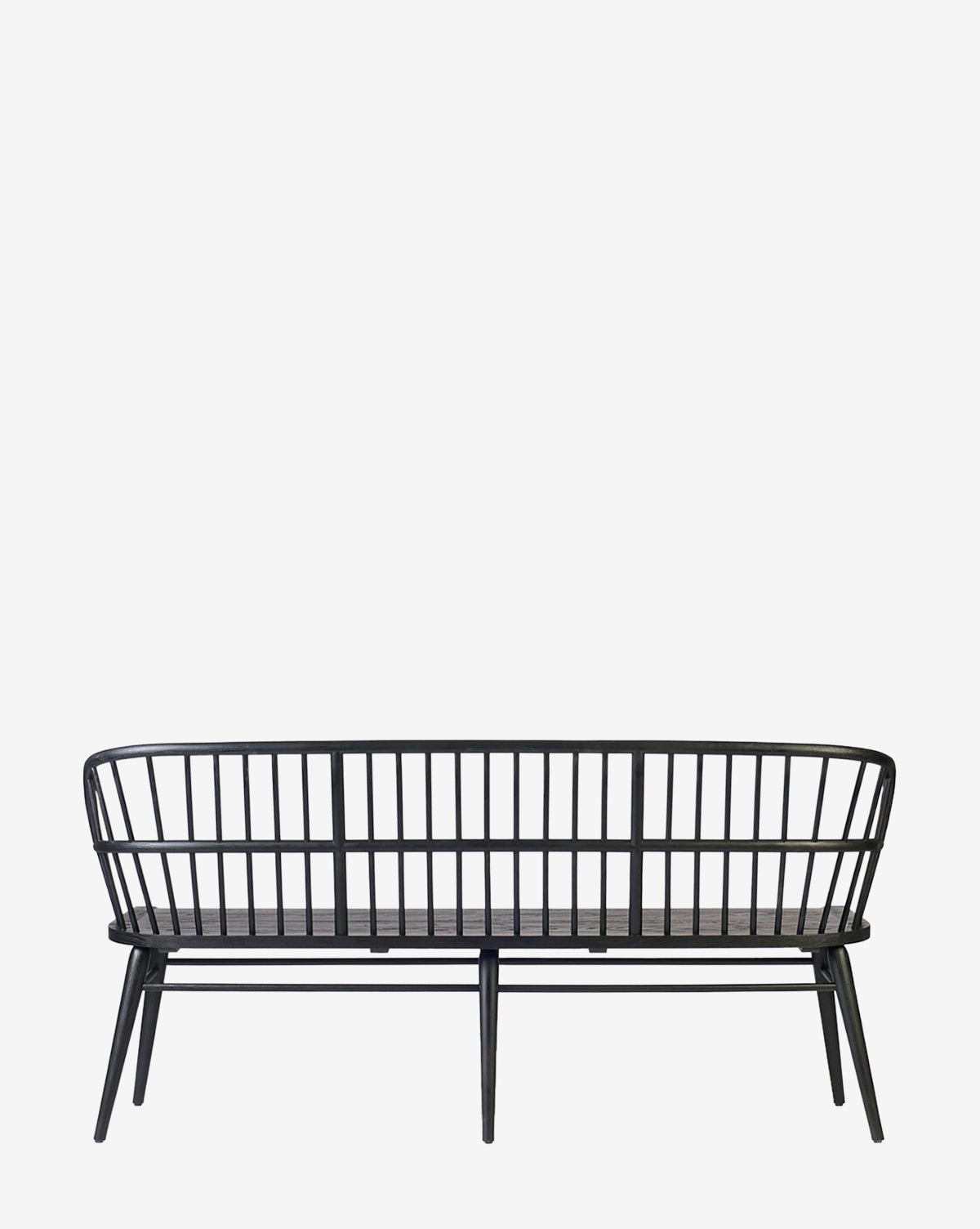The Elysia Bench showcases a modern design with a solid ash frame, vertical spindle backrest, and angled legs, displayed against a plain white background by McGee & Co.