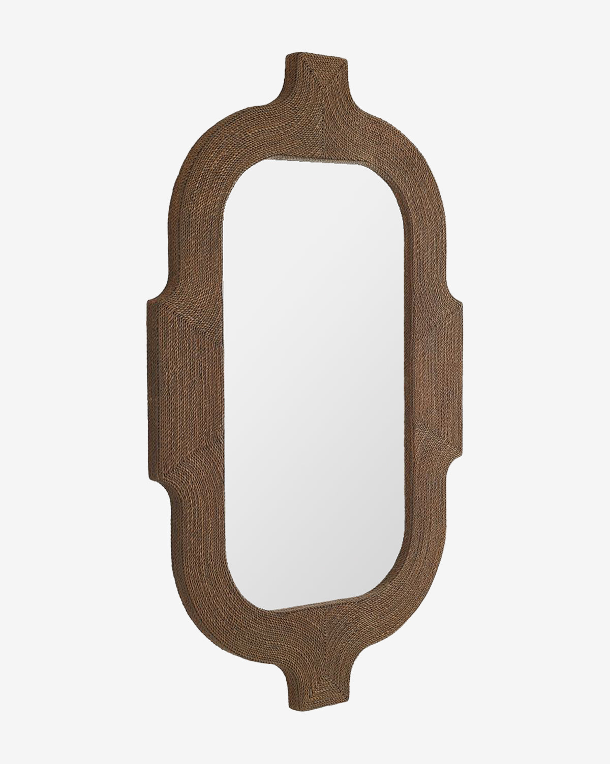 The Elysia Mirror features a rectangular reflective surface framed by an ornate, brown textured border with curved edges inspired by Indian architecture, by McGee & Co.