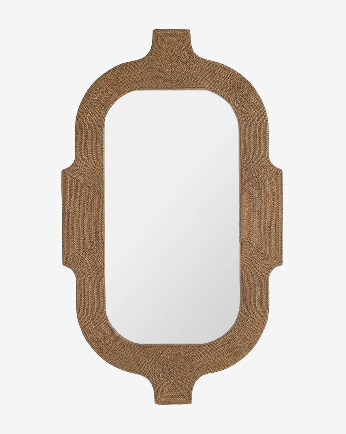 The Elysia Mirror has an elongated oval shape and a textured brown woven frame inspired by Indian architecture. Its centered glass reflects light beautifully, adding a clean, modern touch to any space by McGee & Co.