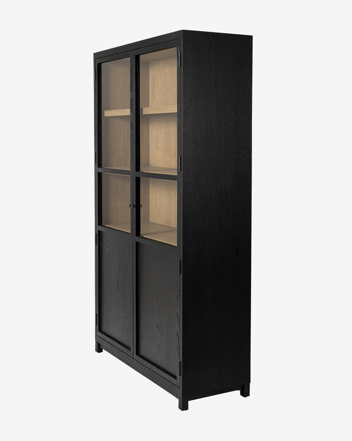 The Emrys Cabinet offers tall black framing, glass and oak doors above, solid wood panels below, and spacious shelving with a light wood finish for stylish storage, by McGee & Co.