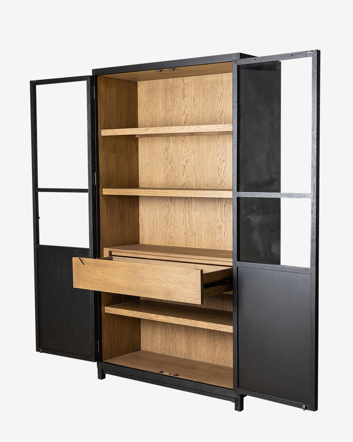 The Emrys Cabinet offers shelving behind glass and oak doors, three wooden shelves, a large central drawer, and an open bottom compartment—each door opens to showcase its elegant interior, by McGee & Co.