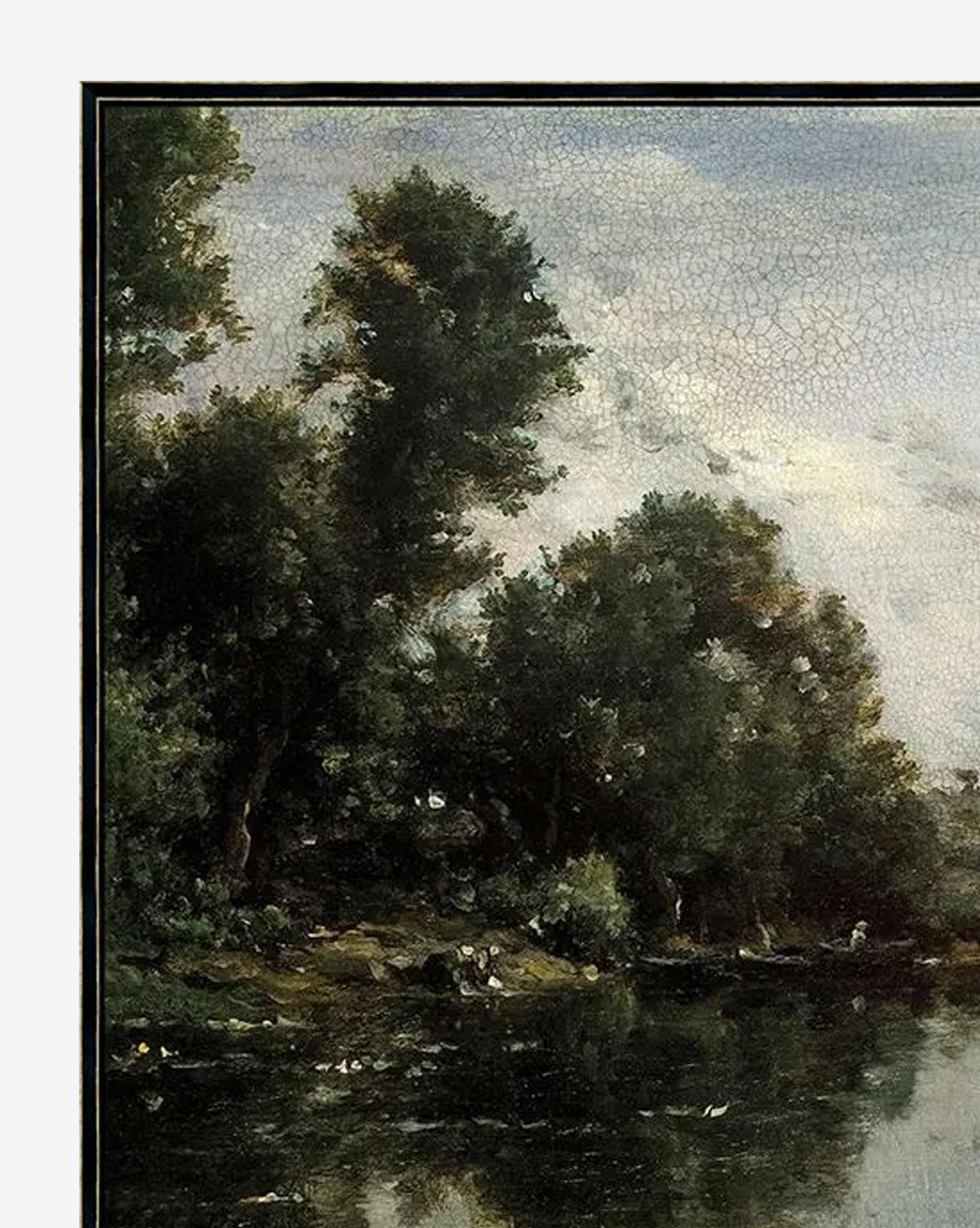 English Countryside captures tall, leafy trees by calm water with reflections and a textured sky, beautifully printed on gallery-wrapped canvas, by McGee & Co.