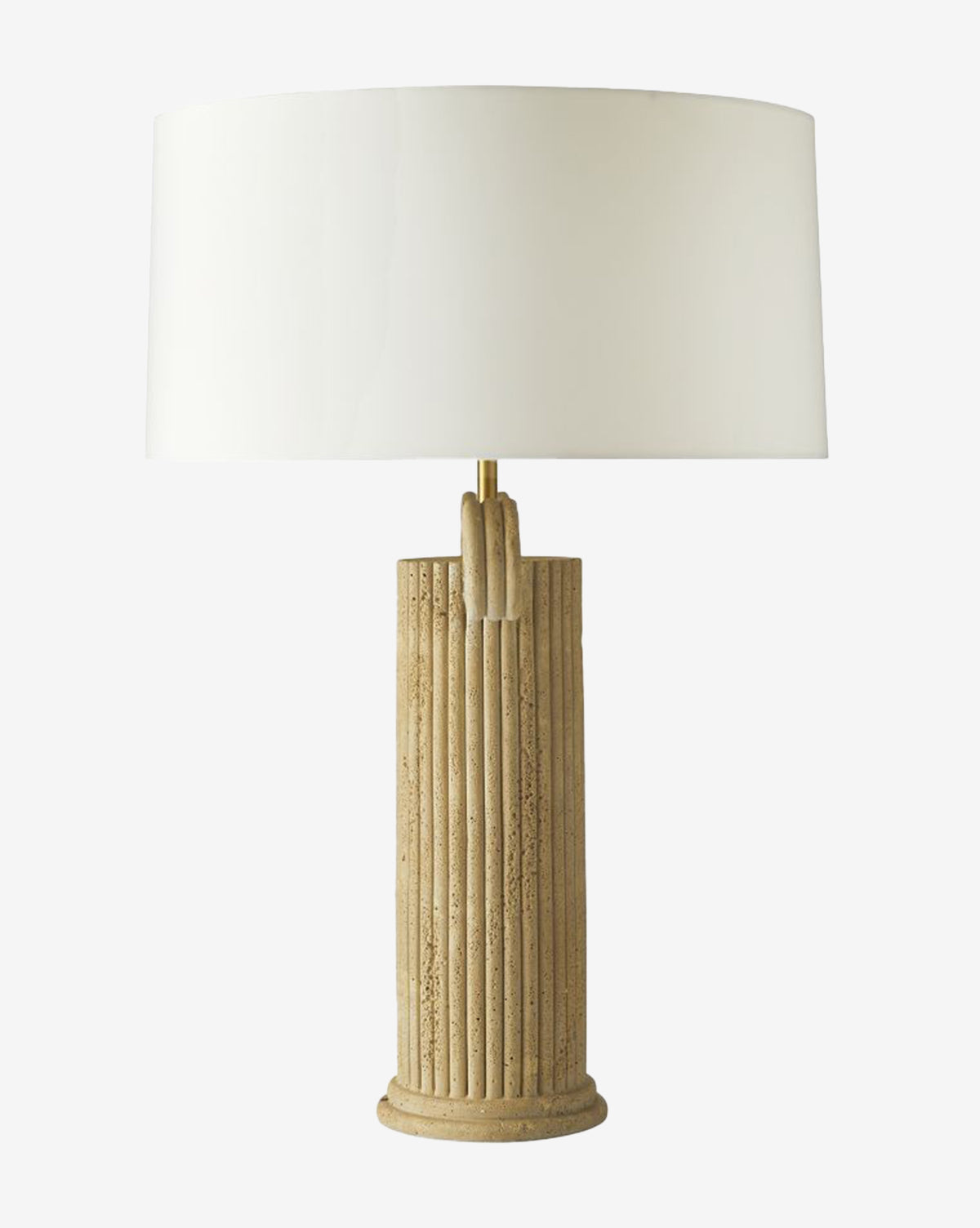 The Eros Table Lamp showcases a textured cylindrical faux travertine base with vertical grooves and a large round ivory microfiber shade, photographed against a plain white background, by McGee & Co.