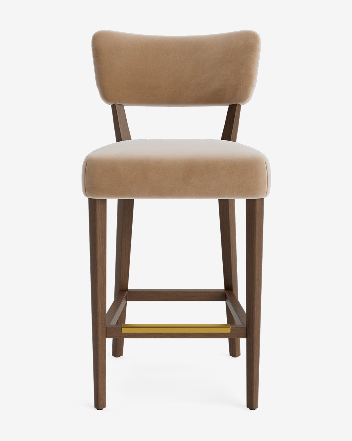 Front view of the customizable Makerspalm Etienne Stool, a vintage-inspired modern bar stool with beige upholstery, wooden legs, and a gold-colored footrest shown against a white background. McGee & Co.
