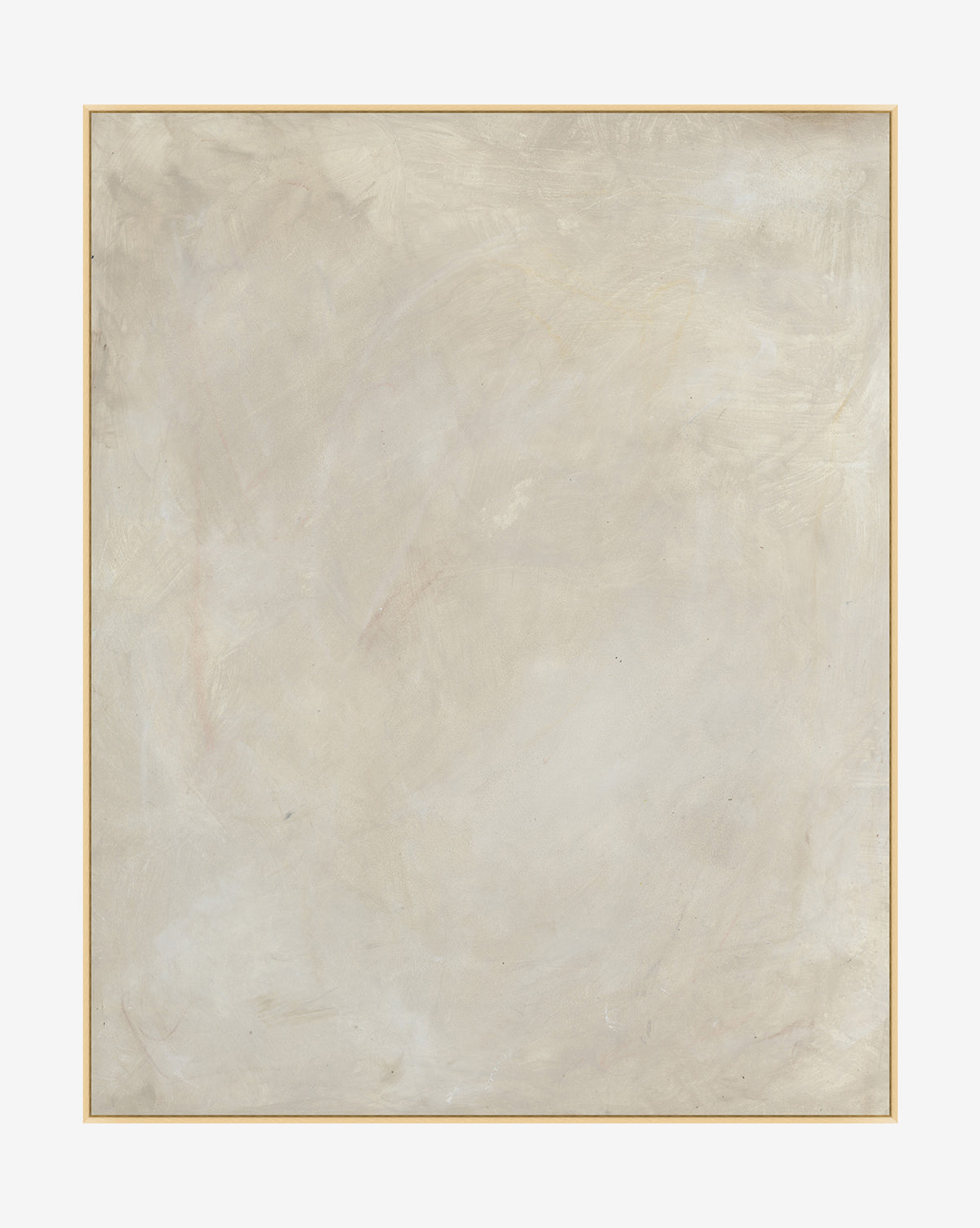 Faded Stone Abstract is a minimalist painting featuring textured off-white, beige, and gray brushstrokes on gallery-wrapped canvas with a thin light wood frame, creating a soft, abstract look.