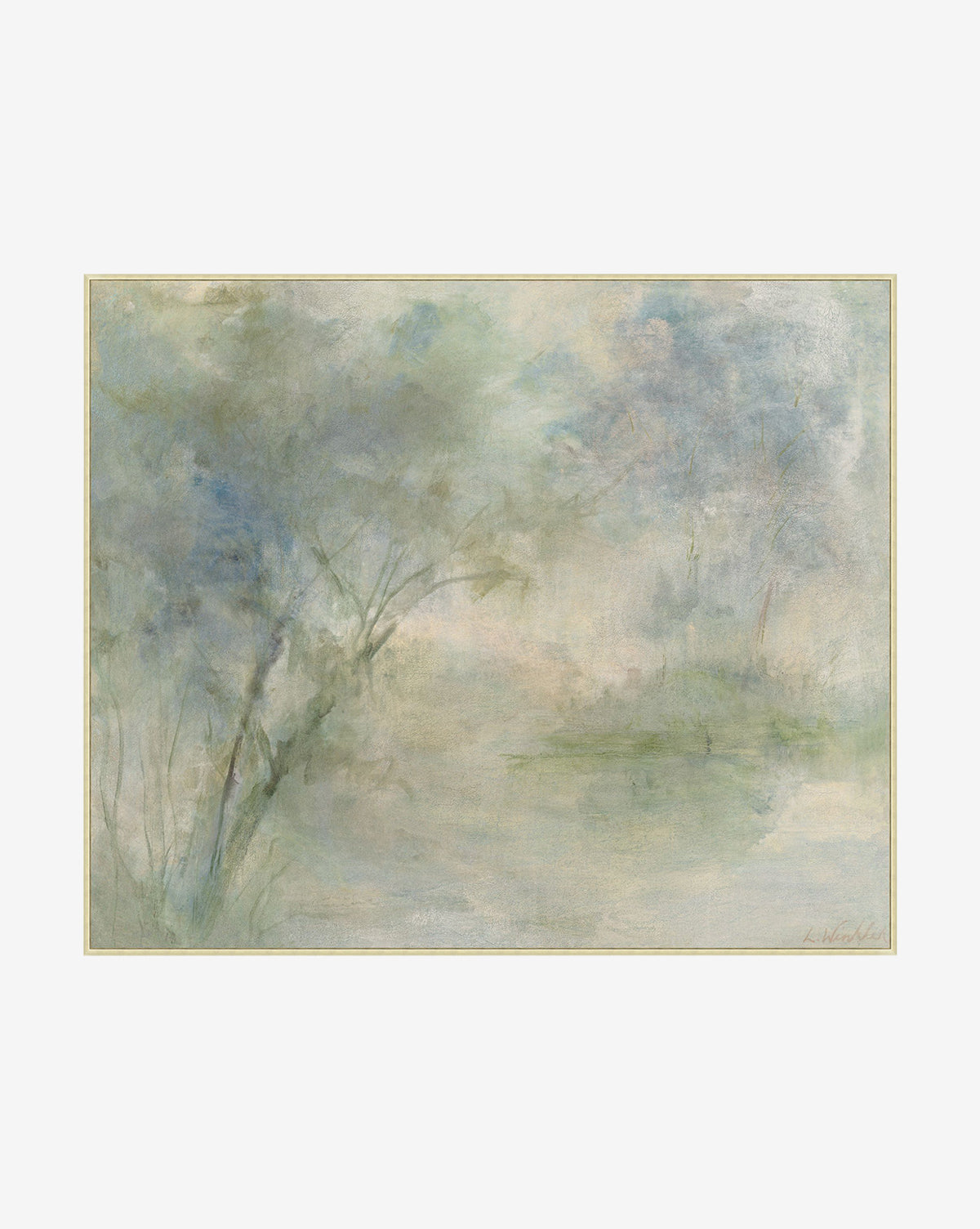 Fading is a soft, pastel watercolor painting of misty trees and a hazy forest in blue, green, and beige tones, creating a dreamy atmosphere—perfect as elegant canvas wall art.