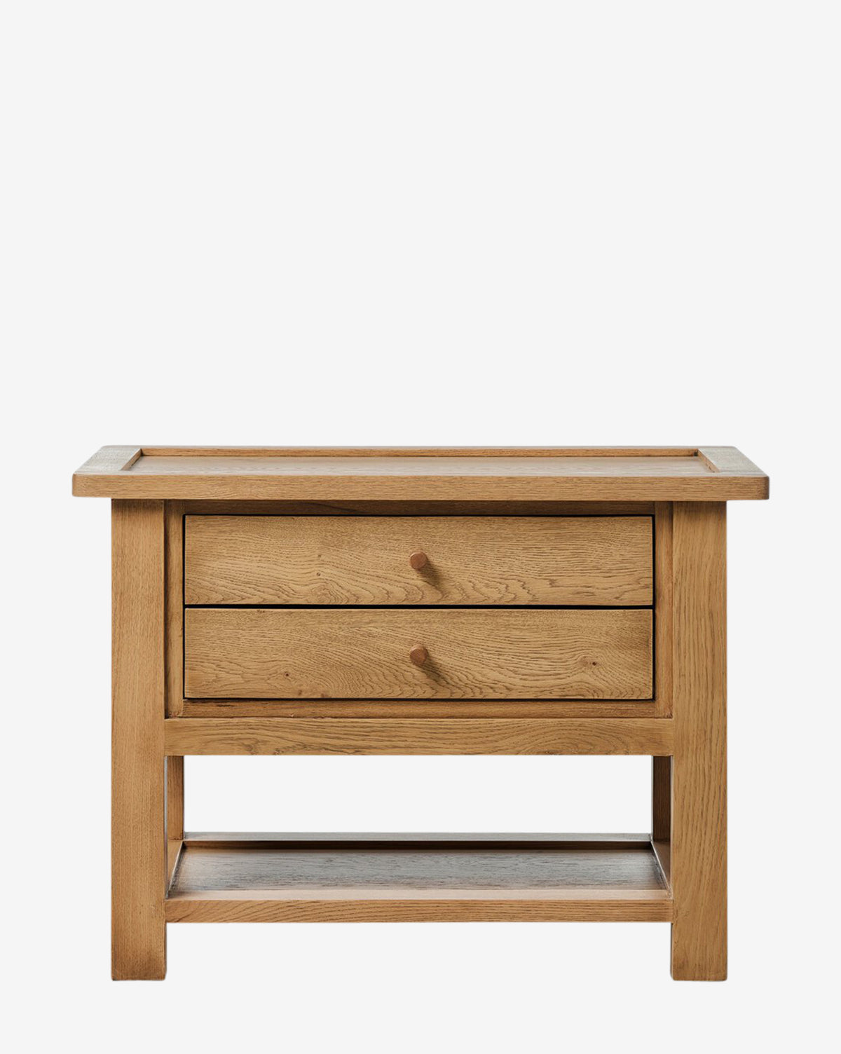 The Faelan Nightstand offers a light oak veneer finish, rectangular top, two drawers with round knobs, and an open shelf—ideal for stylish bedroom storage, by McGee & Co.