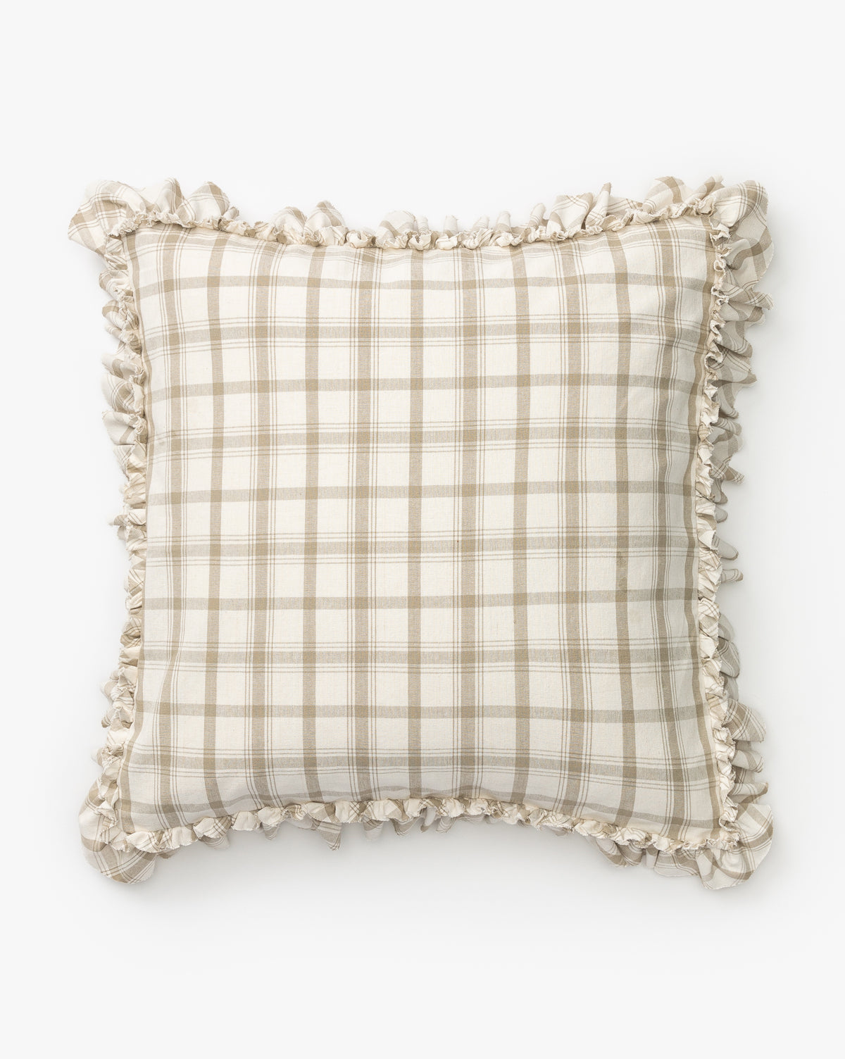 The Fairpark Pillow Cover features a beige and white plaid pattern with ruffled edges and a square shape. Made from cotton, this cover is shown on a plain white background by McGee & Co.