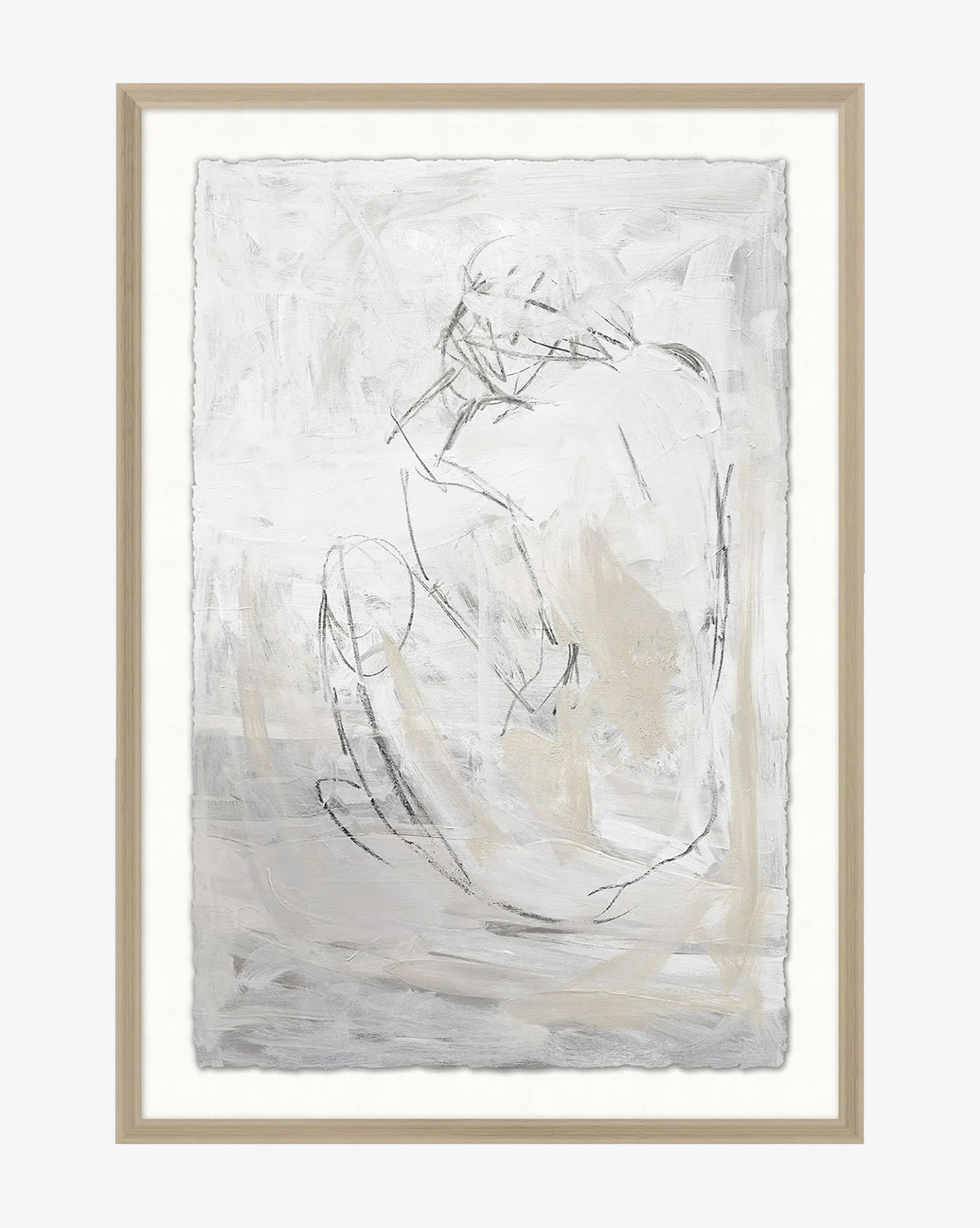 Figure Reflection is a minimalist giclee print of a seated human figure sketched in black on a textured white-gray background, elegantly displayed in a light wooden frame—ideal for modern home decor, by McGee & Co.