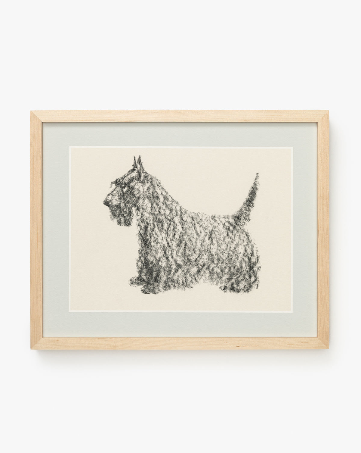 Finn, a framed black and white sketch of a Scottish Terrier with textured, wavy fur, stands in profile on a light background—ideal dog wall art for nursery decor, by McGee & Co.