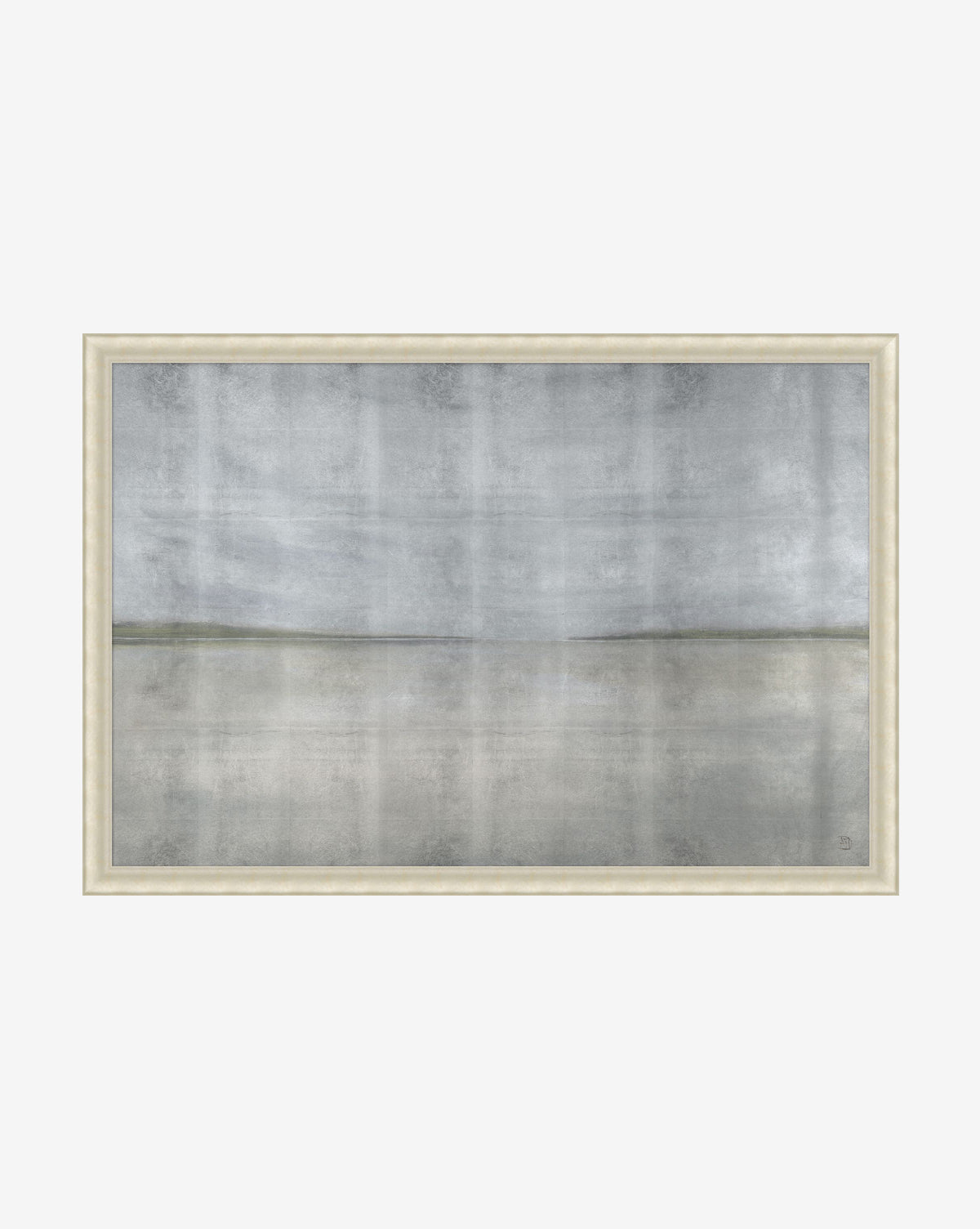 First Light Dew by Amy Duke is a framed abstract landscape art piece featuring muted gray and beige tones, with a hazy horizon dividing a cloudy sky from a reflective surface, by McGee & Co.