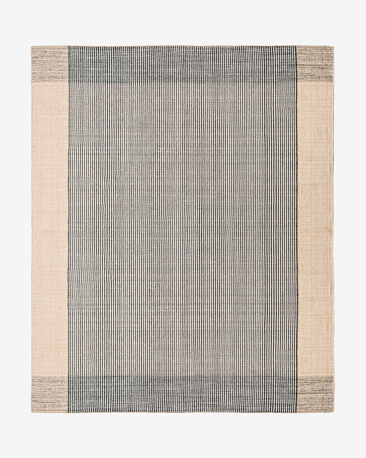 The Fitchburg Handwoven Indoor/Outdoor Rug features a square shape, a beige background with thin vertical black pinstripes in the center, wider beige borders, and thicker black horizontal lines at the top and bottom, by McGee & Co.