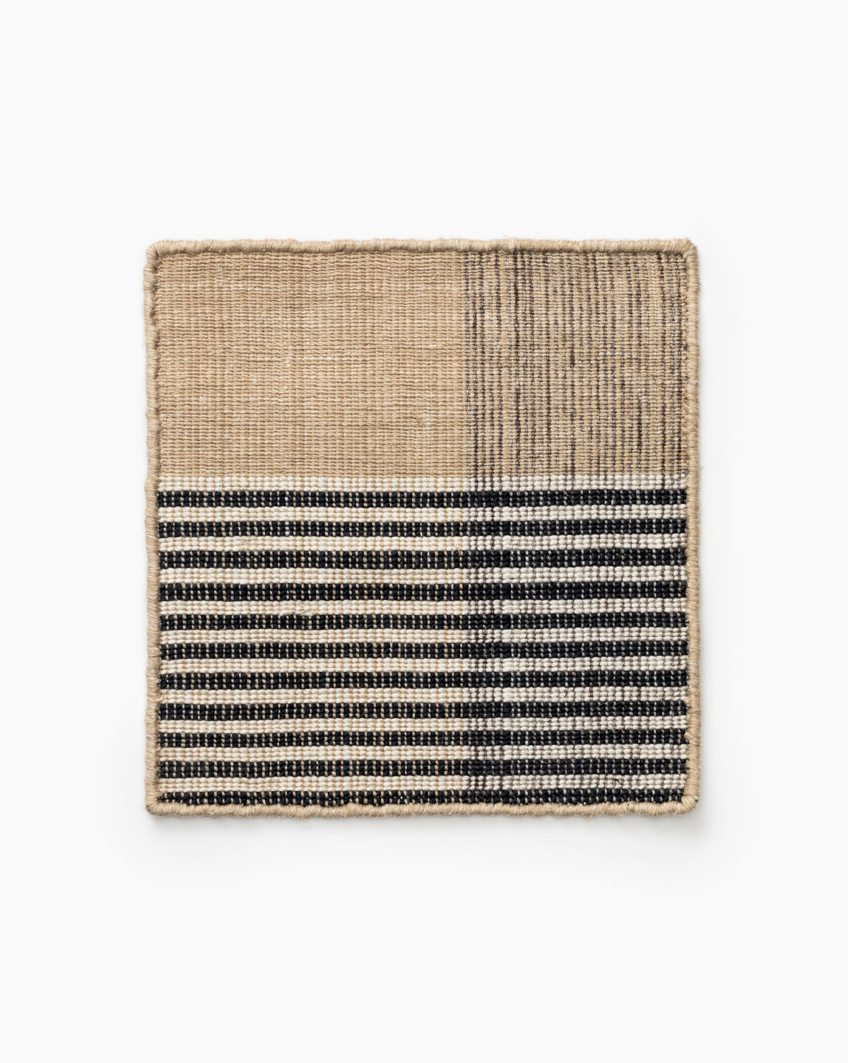 The Fitchburg Indoor/Outdoor Rug Swatch features a square, handwoven design: the top has pinstripe and grid natural-black lines, while the bottom shows horizontal black, white, and tan stripes for a textured, handcrafted look, by McGee & Co.