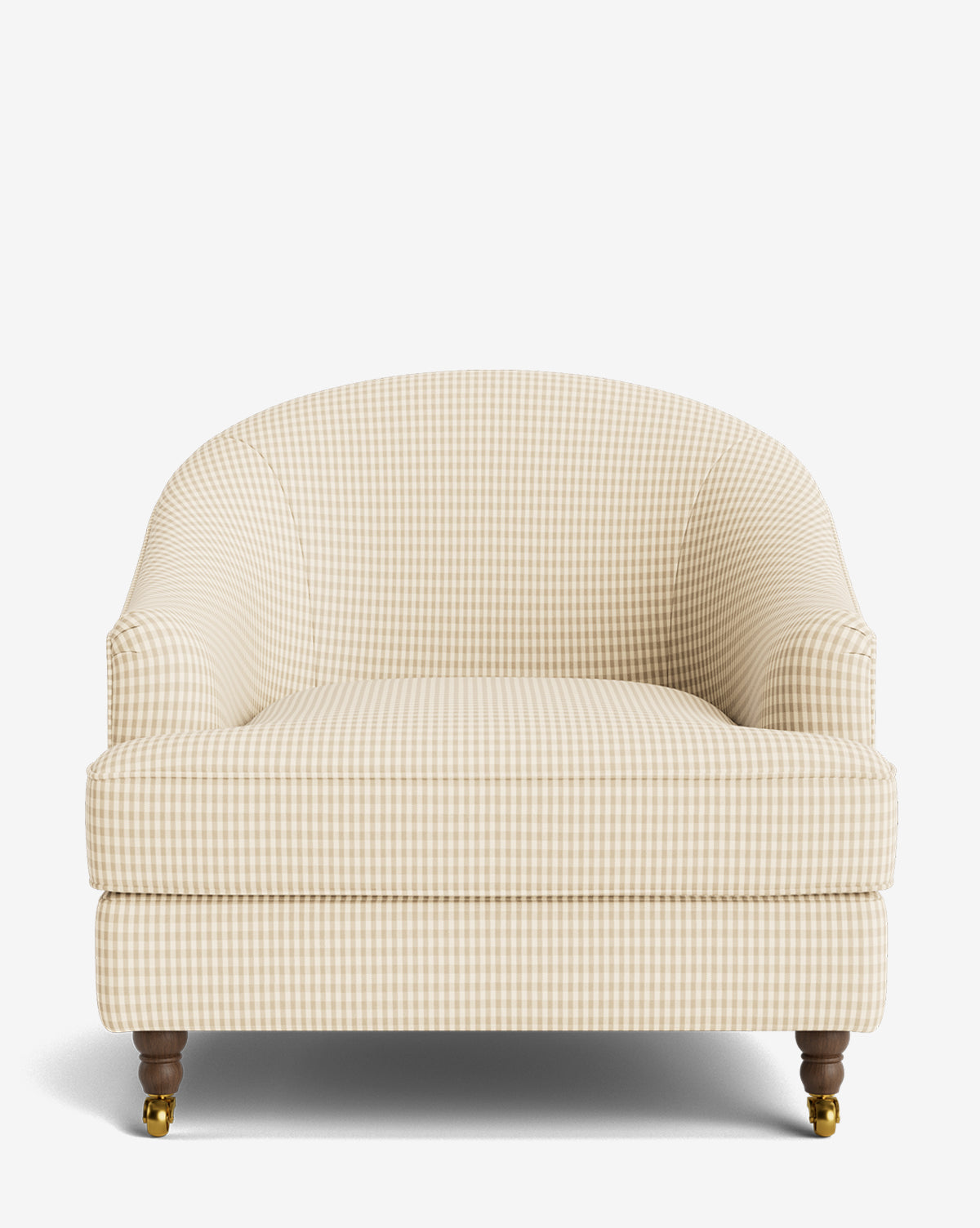 Cream and beige plaid Fletcher Lounge Chair with rounded backrest, cushioned seat, and wooden legs on brass casters, photographed front-on against a white background; handcrafted and customizable in your choice of fabric, by McGee & Co.