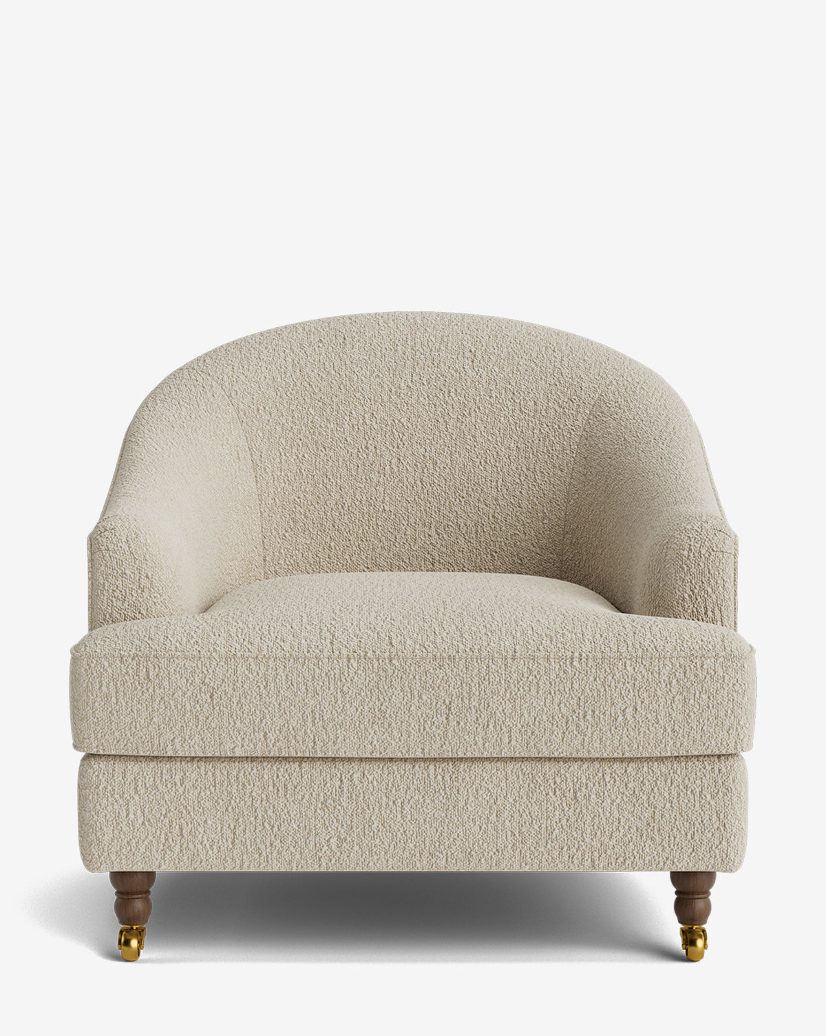 The Fletcher Lounge Chair features a beige upholstered seat, rounded backrest, textured fabric, wooden legs, and brass caster wheels on the front—handcrafted and pictured against a plain white background by McGee & Co.