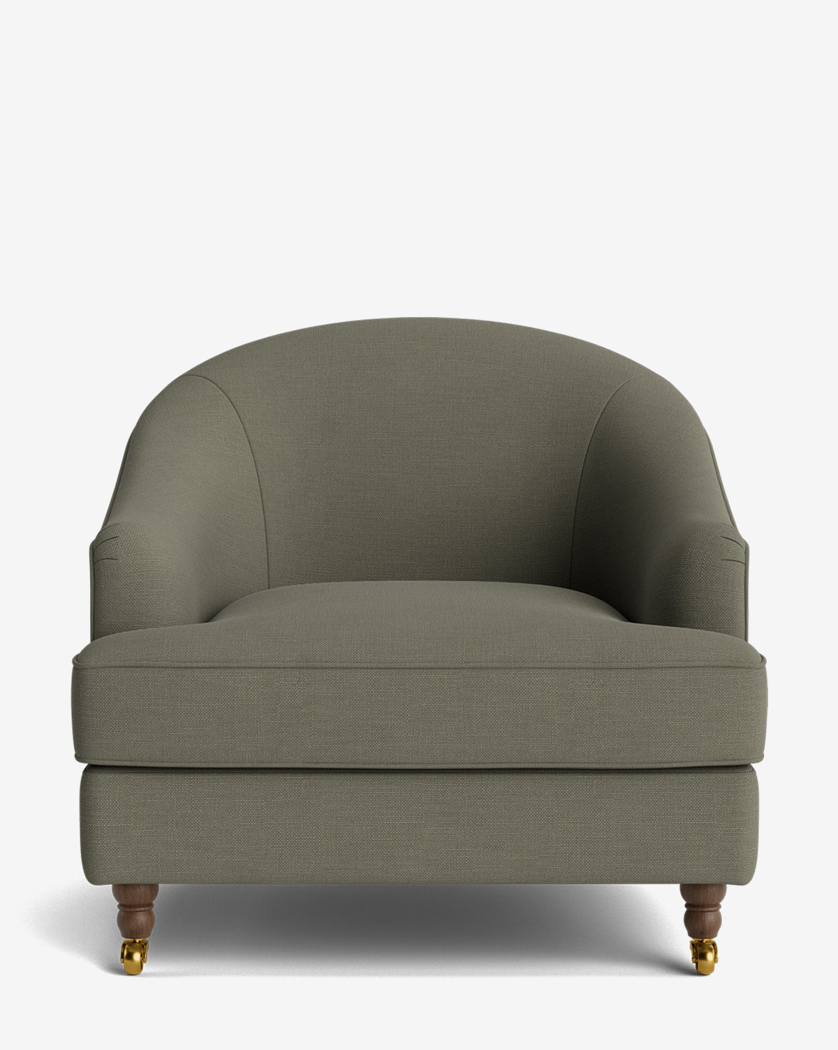 The Fletcher Lounge Chair is a green upholstered armchair with a rounded back and arms, featuring wooden front legs on brass casters and straight back legs. Shown from the front against a white background. Available in customizable fabrics by McGee & Co.