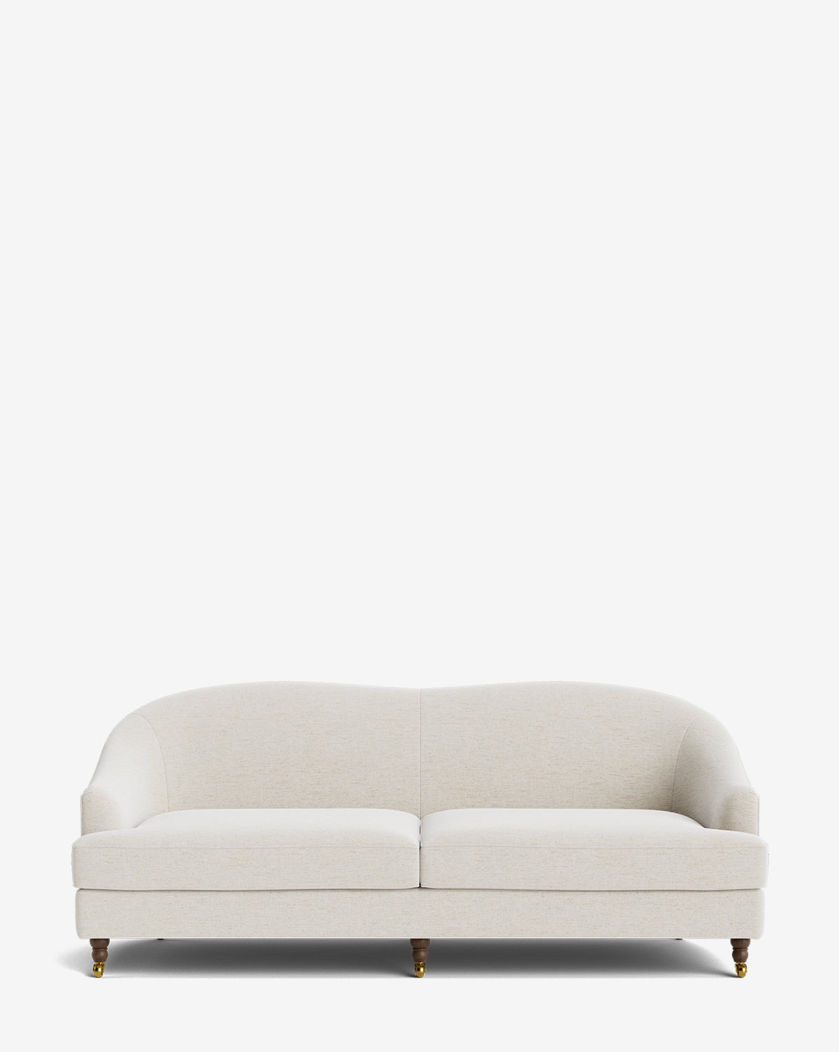 The Fletcher Sofa 76 showcases light beige upholstery, a curved backrest, rounded arms, and four wooden legs with brass casters, set against a plain white background by McGee & Co.