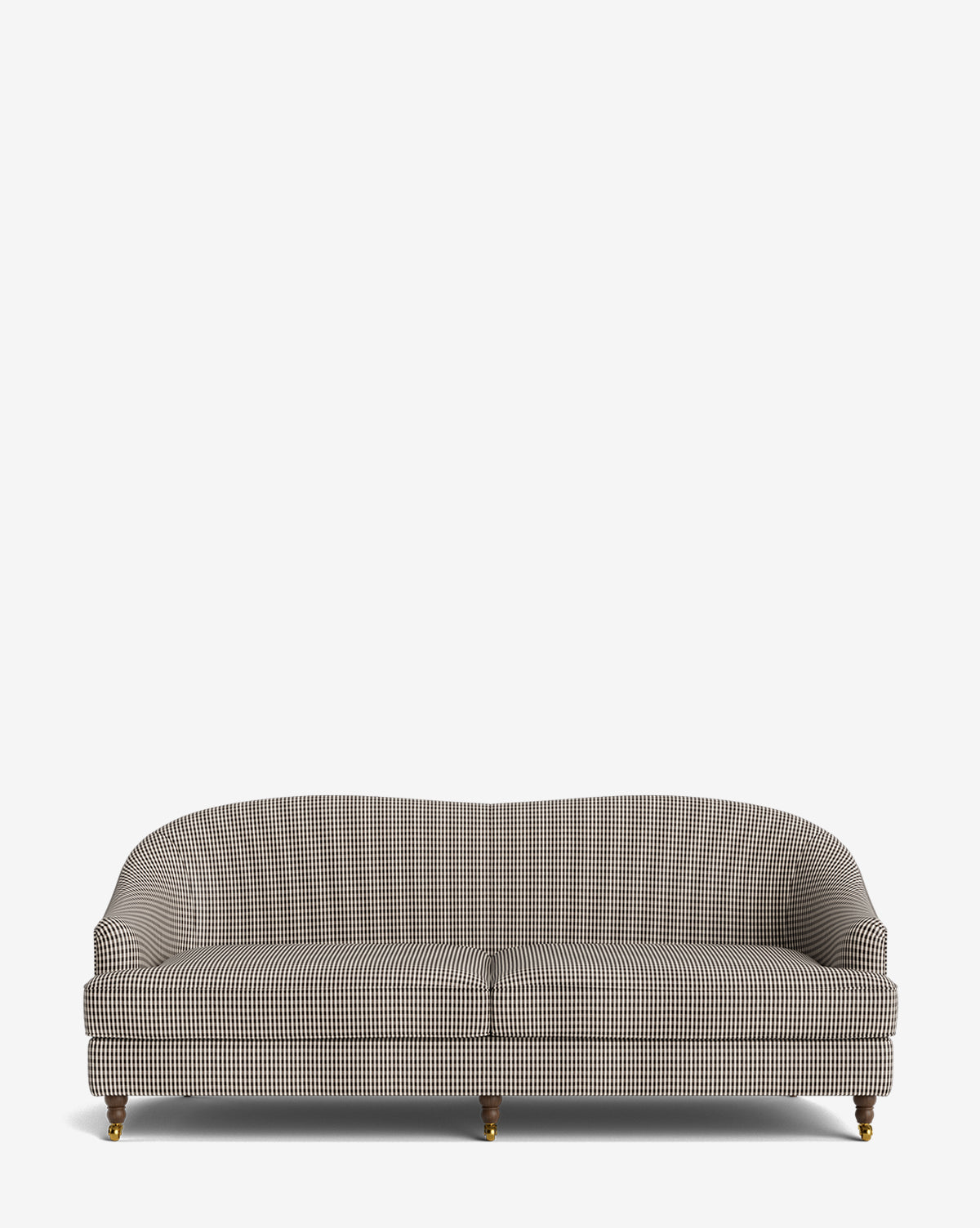 The Fletcher Sofa 76 is a handcrafted, upholstered piece with a curved backrest and wooden legs, featuring a small black and white checkered fabric pattern, shown against a plain white background by McGee & Co.