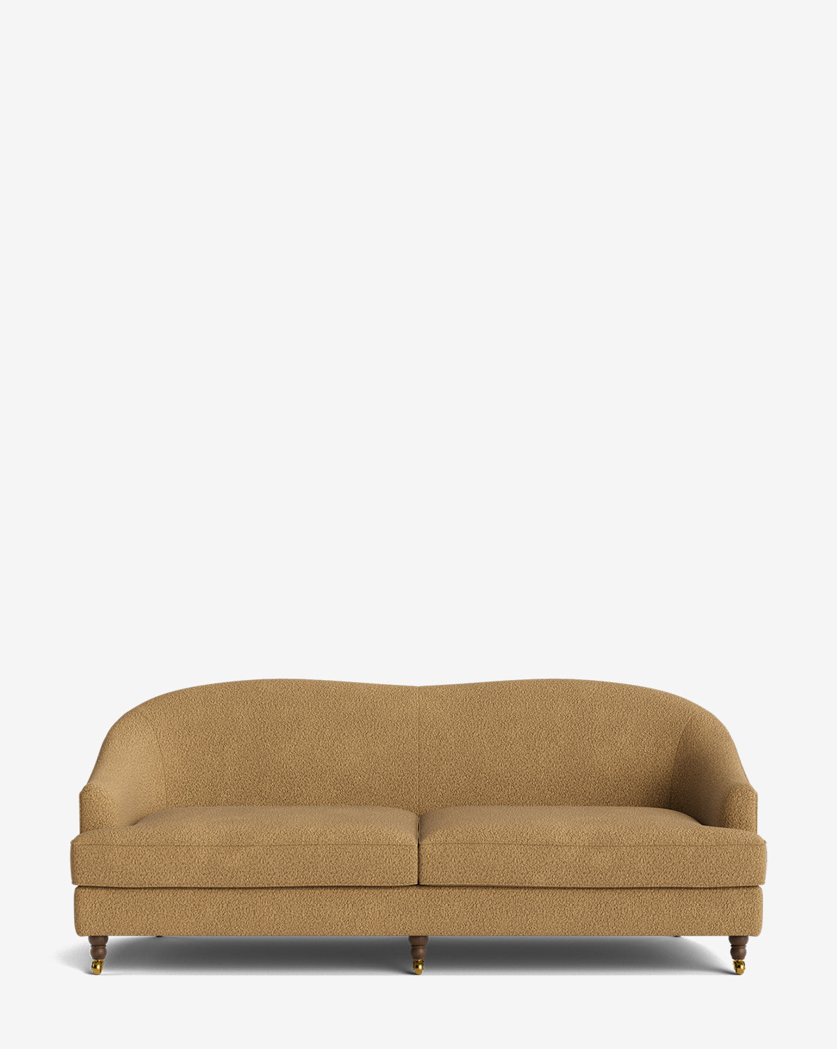 The Fletcher Sofa 76 features a tan hue, curved back, plush cushions, and wooden legs, handcrafted for comfort and shown against a plain white background by McGee & Co.