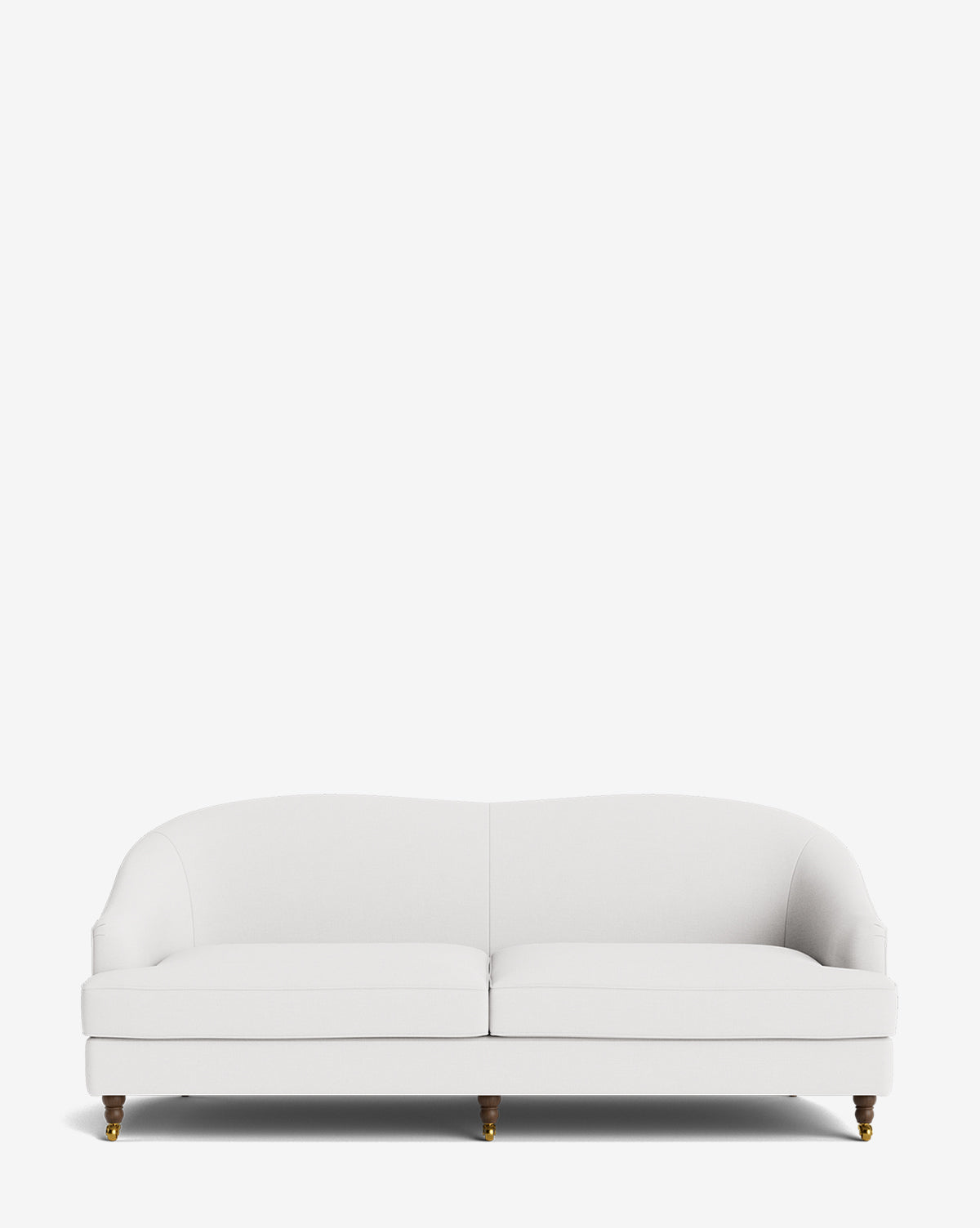 The Fletcher Sofa 76 features a modern white design with rounded arms and wooden legs, set against a plain white background, by McGee & Co. This handcrafted sofa brings elegance to any space.