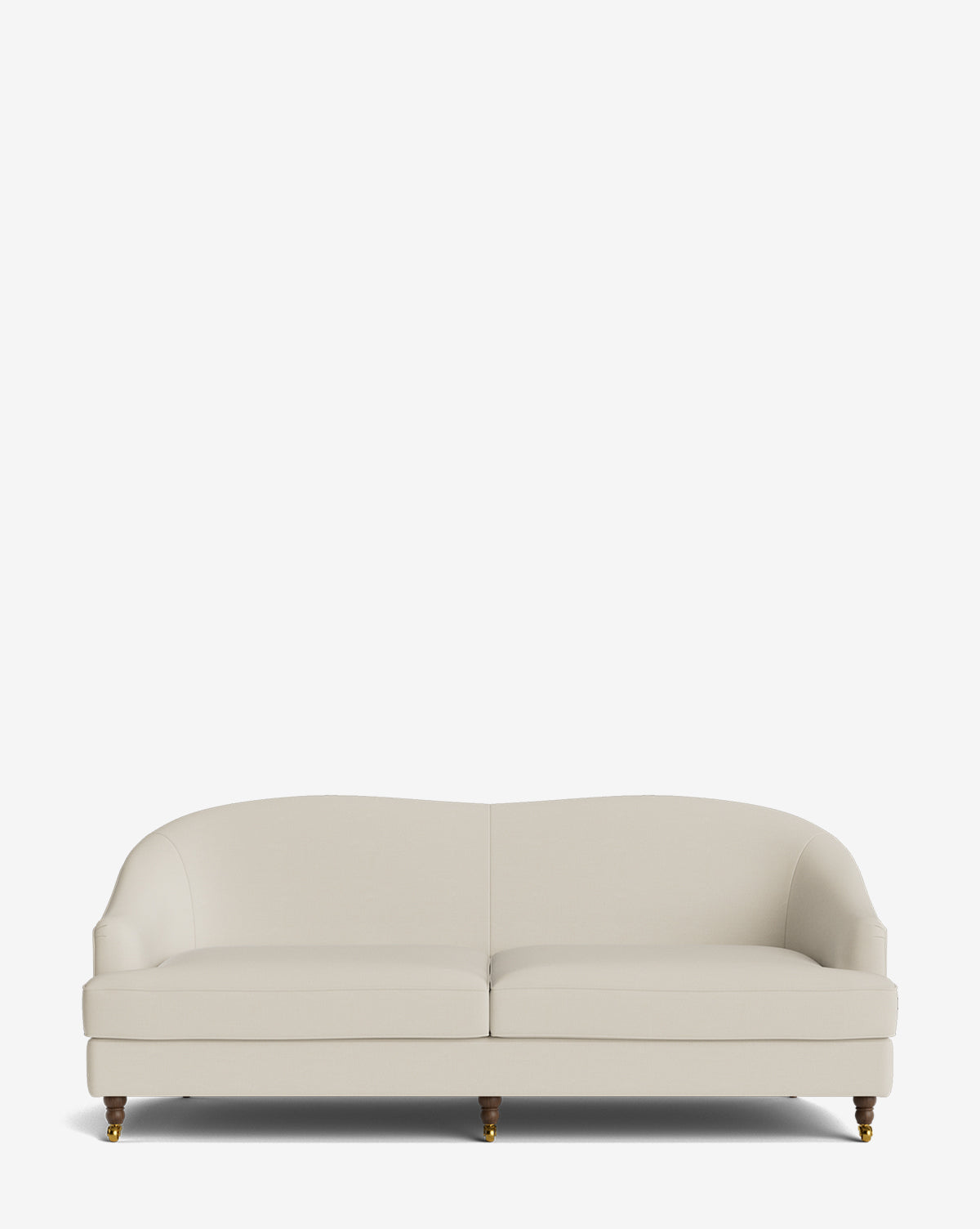 The Fletcher Sofa 76 is a modern, light beige upholstered sofa featuring a curved backrest, two seat cushions, and four short wooden legs with brass casters, shown against a plain white background by McGee & Co.