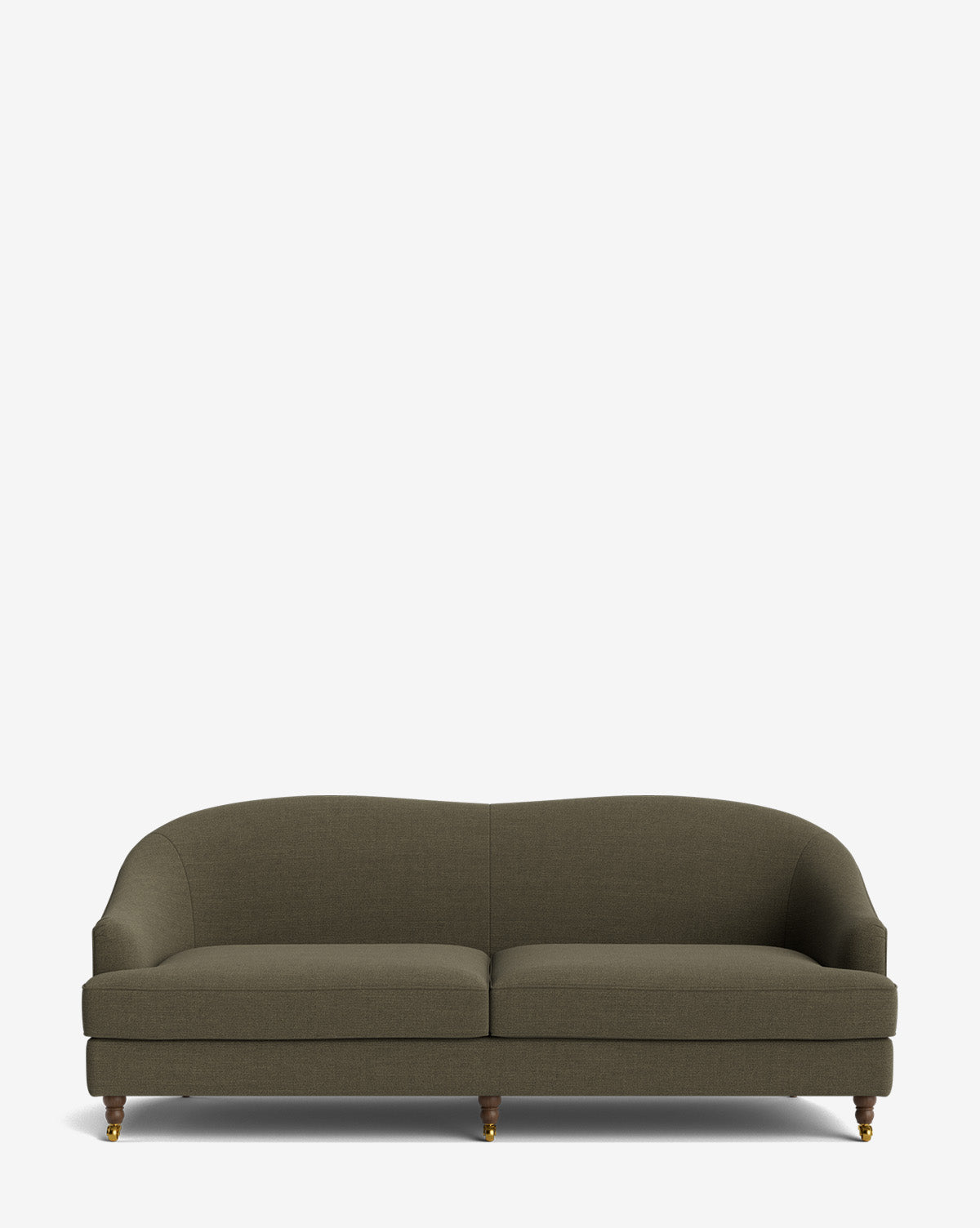 The Fletcher Sofa 76 is a modern olive green upholstered, handcrafted sofa with a curved back, rounded arms, and four short wooden legs with brass accents, shown against a plain white background by McGee & Co.