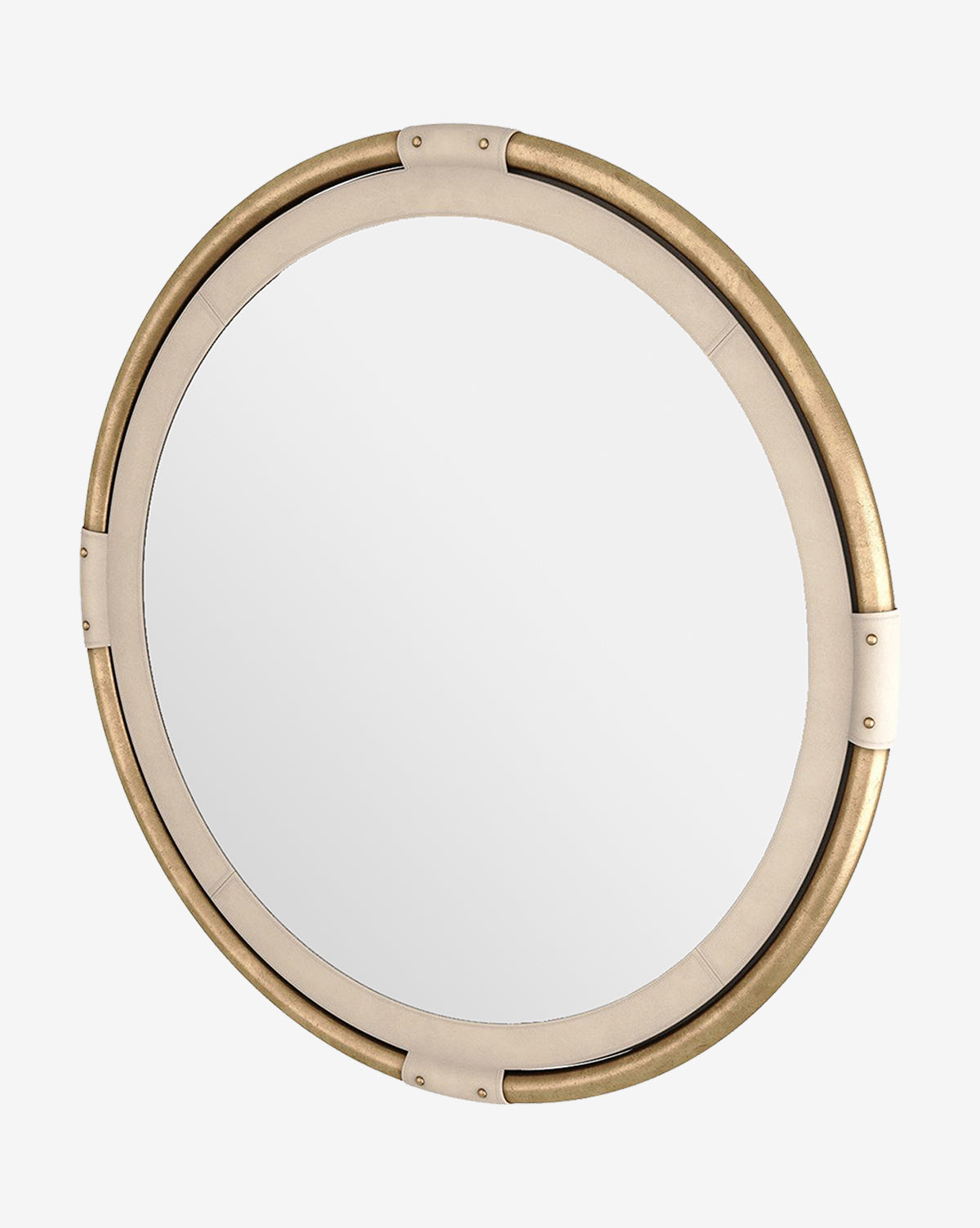 The Flora Mirror is a round wall mirror with a gold and beige double frame, accented by antique brass metal at four points, set against a plain white background, by McGee & Co.