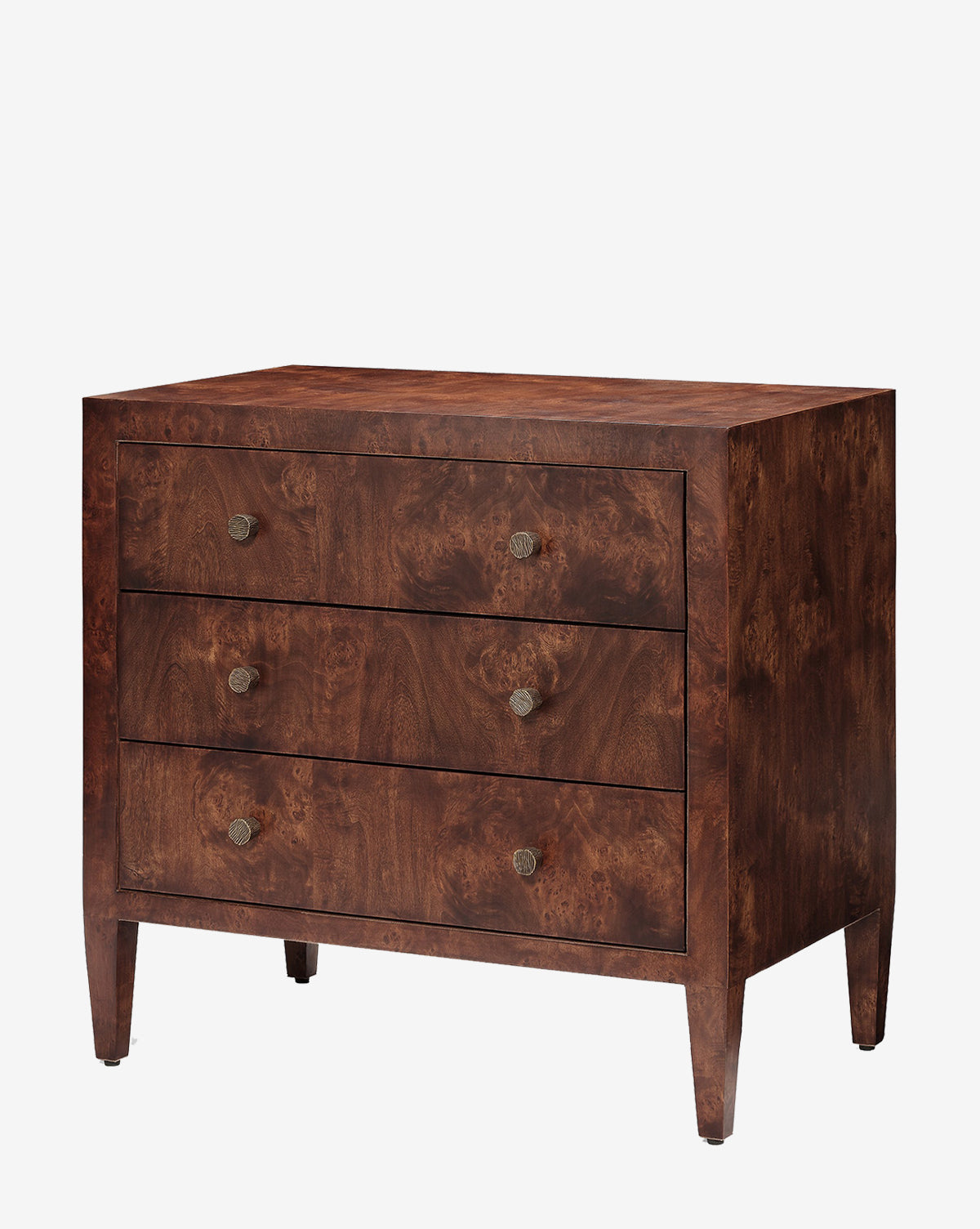 The Florana Nightstand, crafted from wood with a rich dark brown finish, features three drawers with round metal knobs and tapered legs—adding vintage charm to your bedroom against a plain white background by McGee & Co.