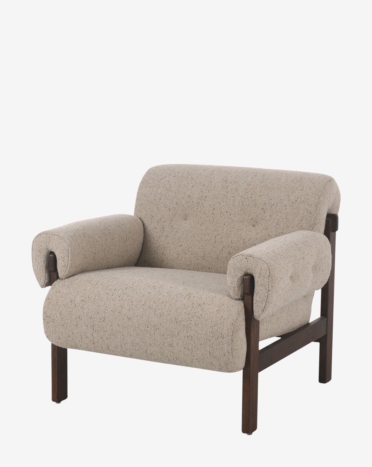 The Florent Chair features light beige textured upholstery, plush rounded cushions, and a dark wood frame and legs, shown against a plain white background by McGee & Co.