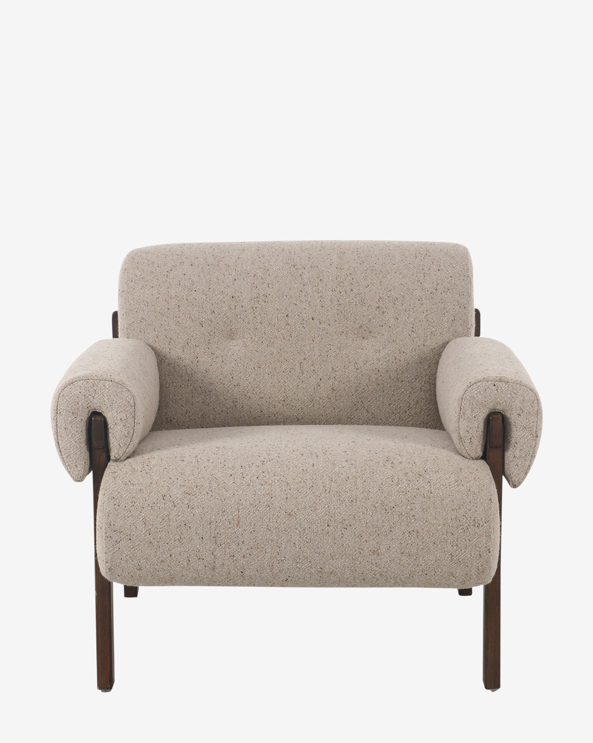 The Florent Chair features modern design with taupe fabric upholstery, wide cushioned arms, and dark wooden legs, shown on a plain white background by McGee & Co.