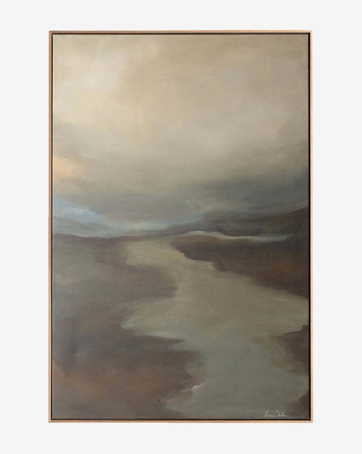 Fog II by Lauren Fuhr is an abstract moody landscape with soft, muted browns, grays, and beiges. A cloudy sky drifts above a winding river or path, elegantly framed as vertical wall art with a thin wooden border.