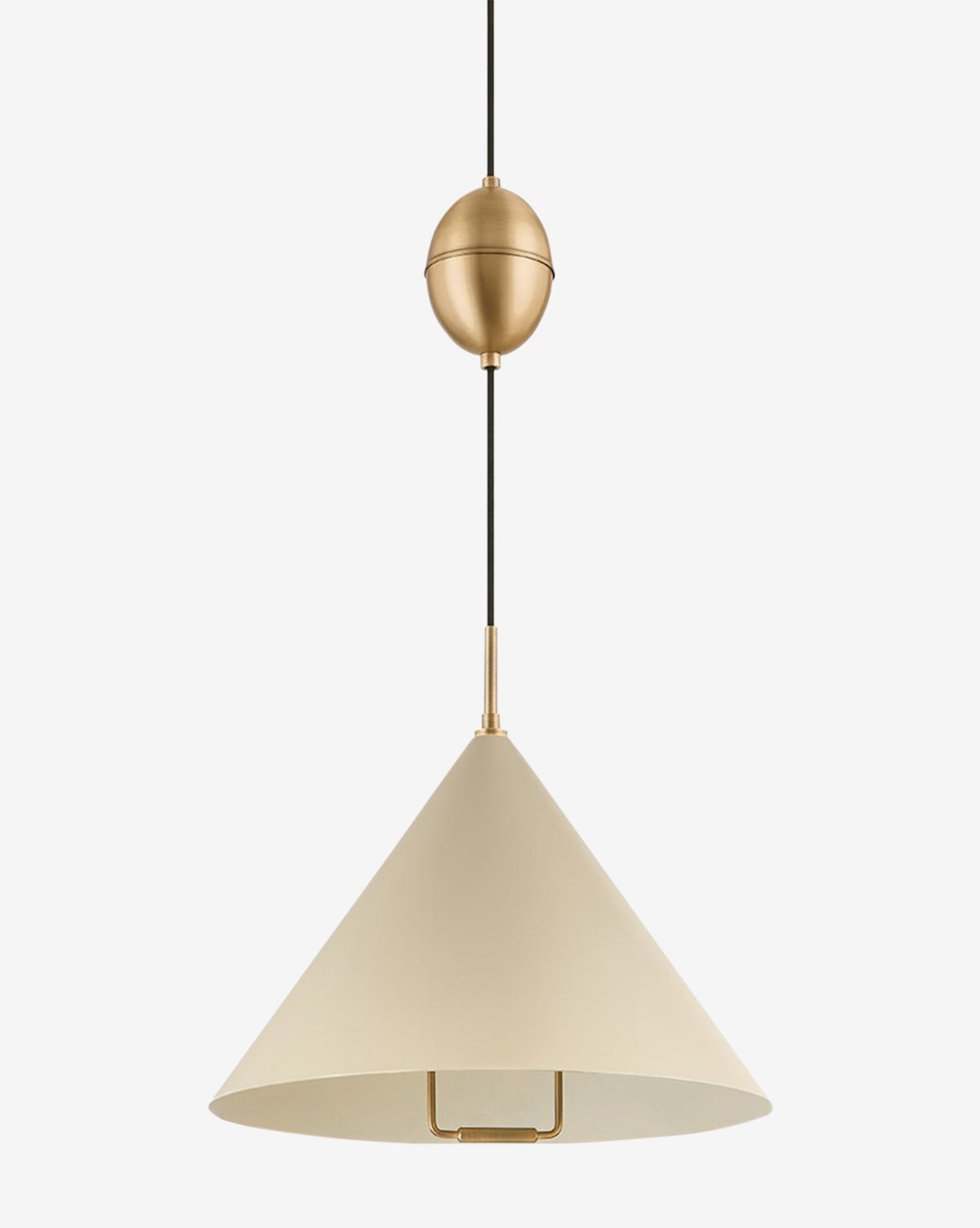 The Fontana Pendant features a large cream conical shade, black suspension cord, and brass accents with a spherical detail near the top—ideal for adding modern sophistication to bakery spaces by McGee & Co.