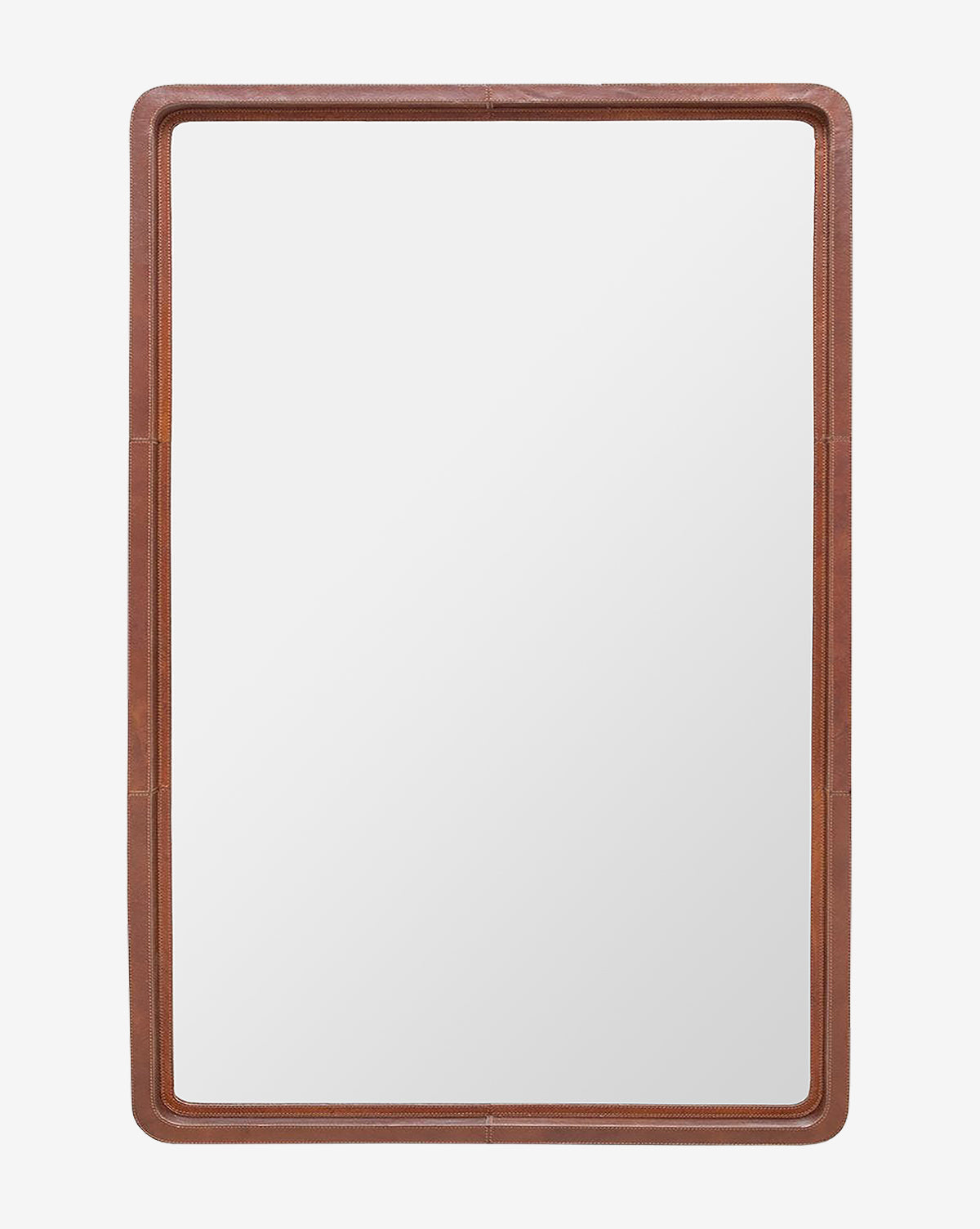 The Franklin Leather Mirror is a large rectangular retro mirror with rounded corners, featuring a brown full grain tobacco leather-wrapped frame and subtle contrast stitching, set against a plain white background by McGee & Co.