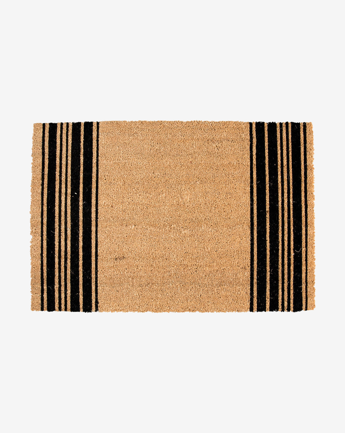 The French Stripe Doormat features a natural brown coir center with black stripes on each short edge, adding classic style to your front door. Shown on a plain white background, it makes a timeless addition to outdoor rug collections by McGee & Co.