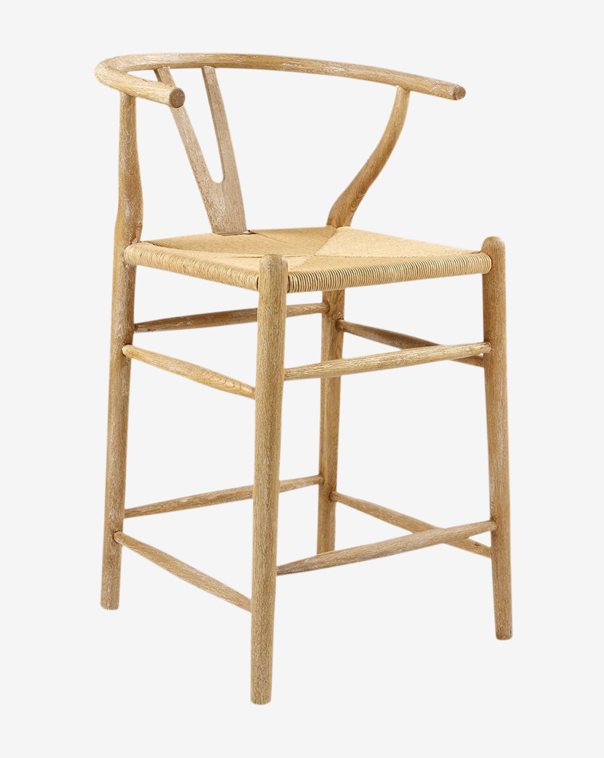 The Gabriel Counter Stool features a light solid oak frame, rope seat, curved backrest, and slender legs with crossbars—a minimalist design inspired by Scandinavian Modernism, by McGee & Co.