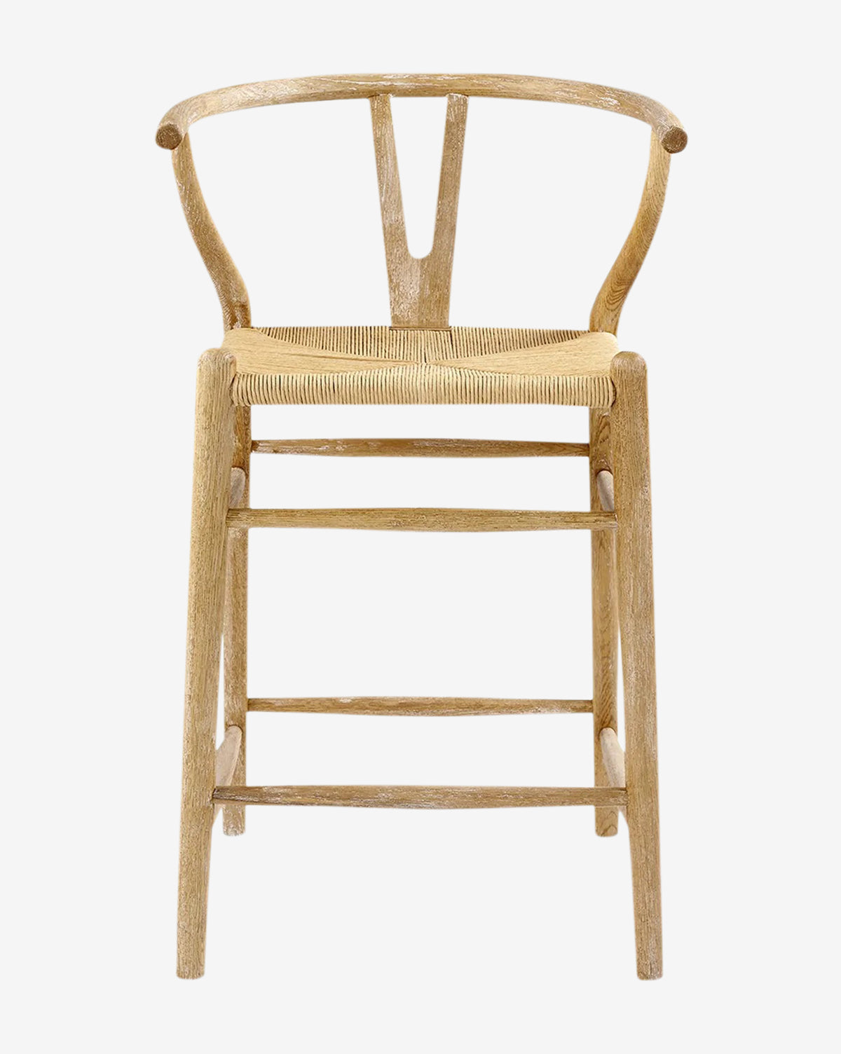 The Gabriel Counter Stool, inspired by Scandinavian Modernism, features solid oak construction, a curved backrest with Y-shaped support, and a natural woven rope seat, shown against a plain white background by McGee & Co.