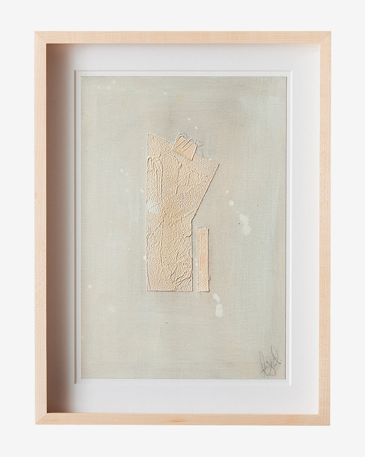 Galactic IX by Jade Dacay: Abstract mixed media art in a light wood frame, showcasing textured beige shapes on a light gray background with soft white splatters and the artists signature—a perfect minimalist wall decor piece, by McGee & Co.