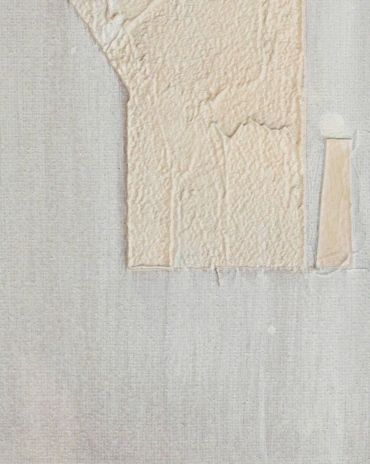 Galactic VII by Jade Dacay features a textured, off-white surface with rough, paper-like material forming an irregular shape in the upper left and a small rectangle on the right, set against a light woven background—a minimalist mixed media artwork by McGee & Co.
