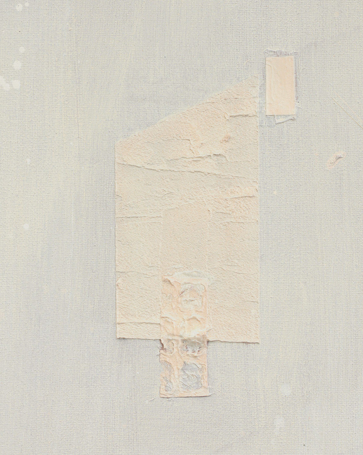 Galactic VI by Jade Dacay features light beige textured paper taped to a pale grayish-white background, with small rectangular patches and rough edges, creating a minimalist mixed media artwork by McGee & Co.