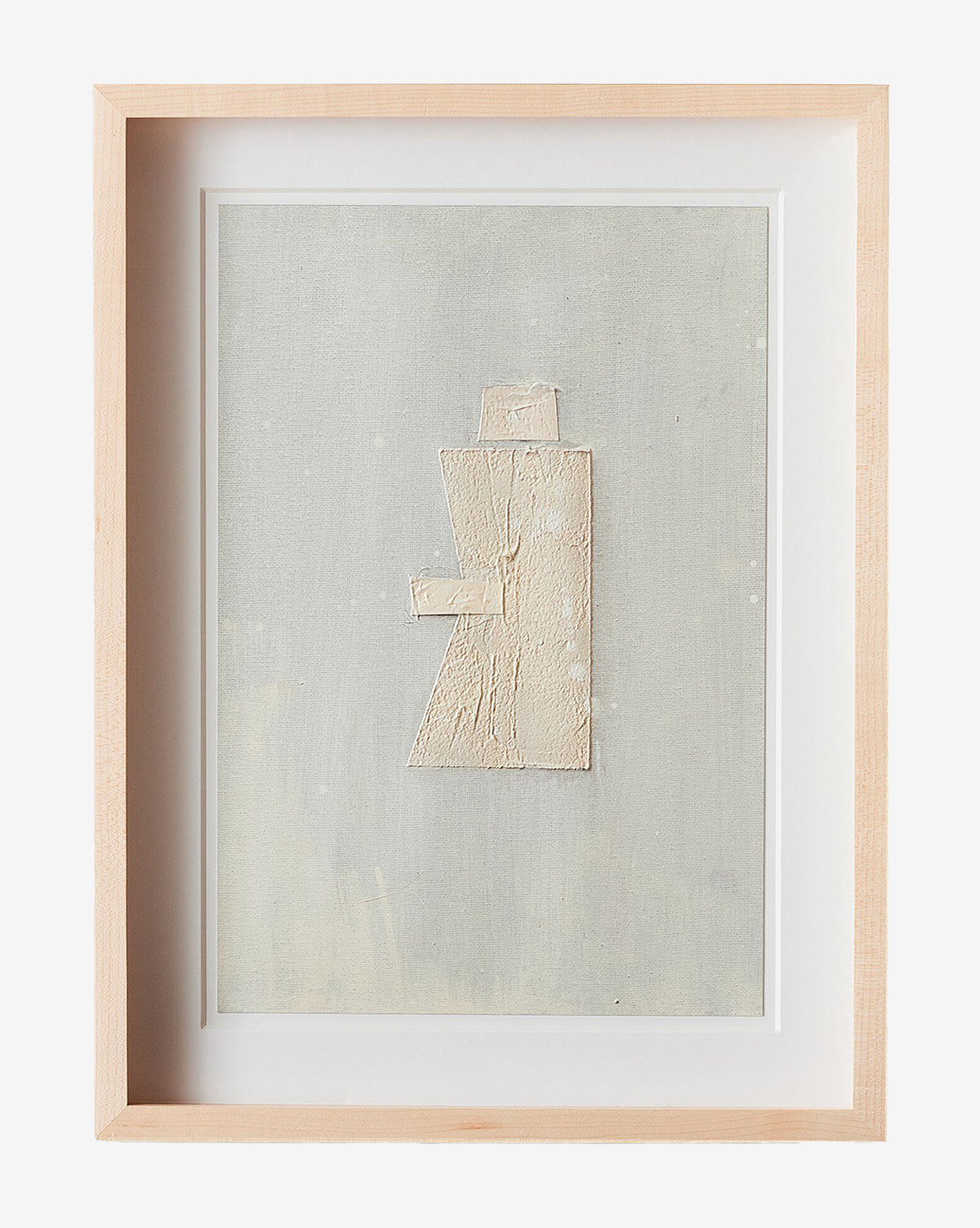 Galactic V by Jade Dacay is a minimalist abstract mixed media artwork in a natural-toned frame, showcasing textured beige rectangles and a triangle on a pale gray background, by McGee & Co.